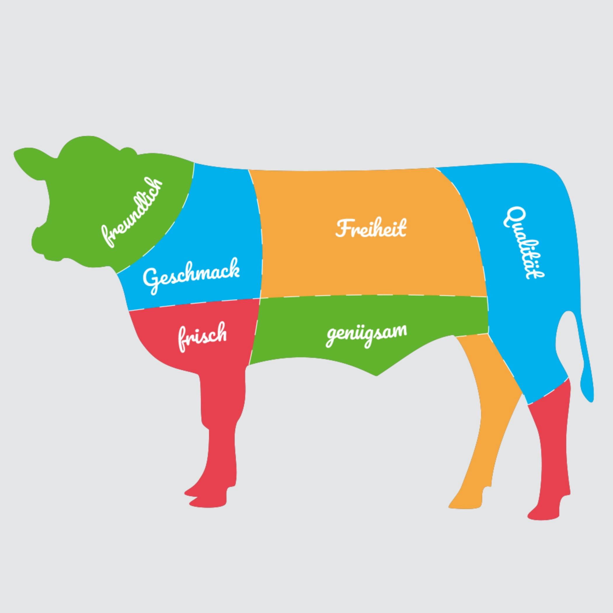 hochzwei_roba_teaser_04.jpg Stilisiertes buntes Rind mit den üblichen Fleischeinteilungen aber den Worten