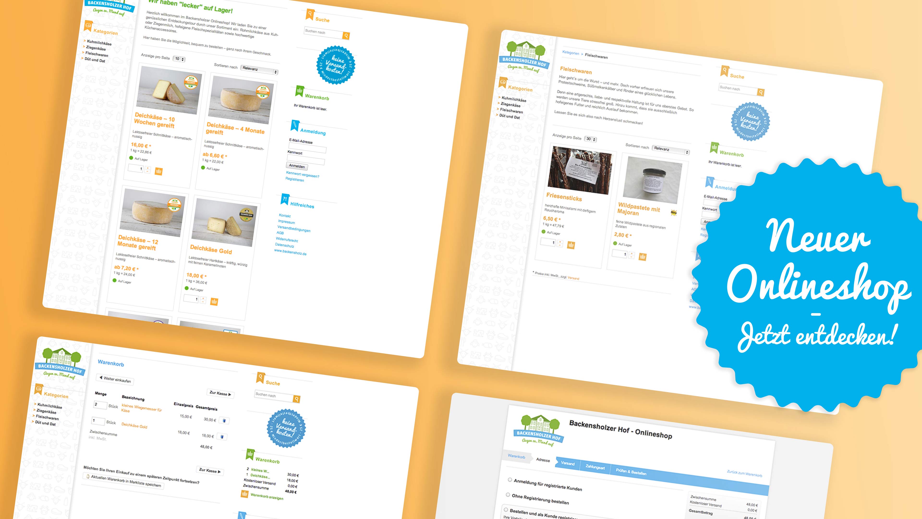Vier Screenshots des Onlineshops vor gelbem Hintergrund und blauer Störer "Neuer Onlineshop"