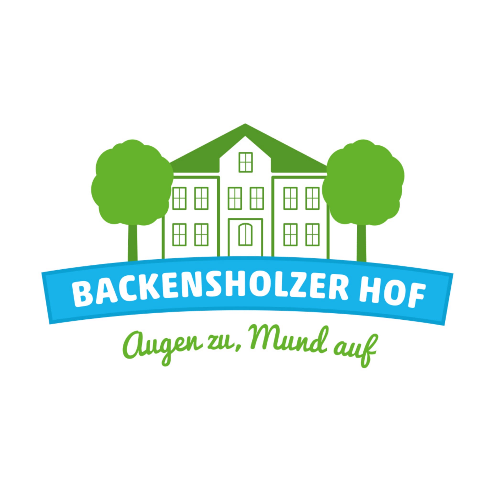 hochzwei_roba_teaser_02.jpg Logo: Grünes zweistöckiges Haus, Schriftzug Backensholzer Hof auf blauem Banner und an beiden Seiten ein grüner Baum; in grüner Schreibschrift