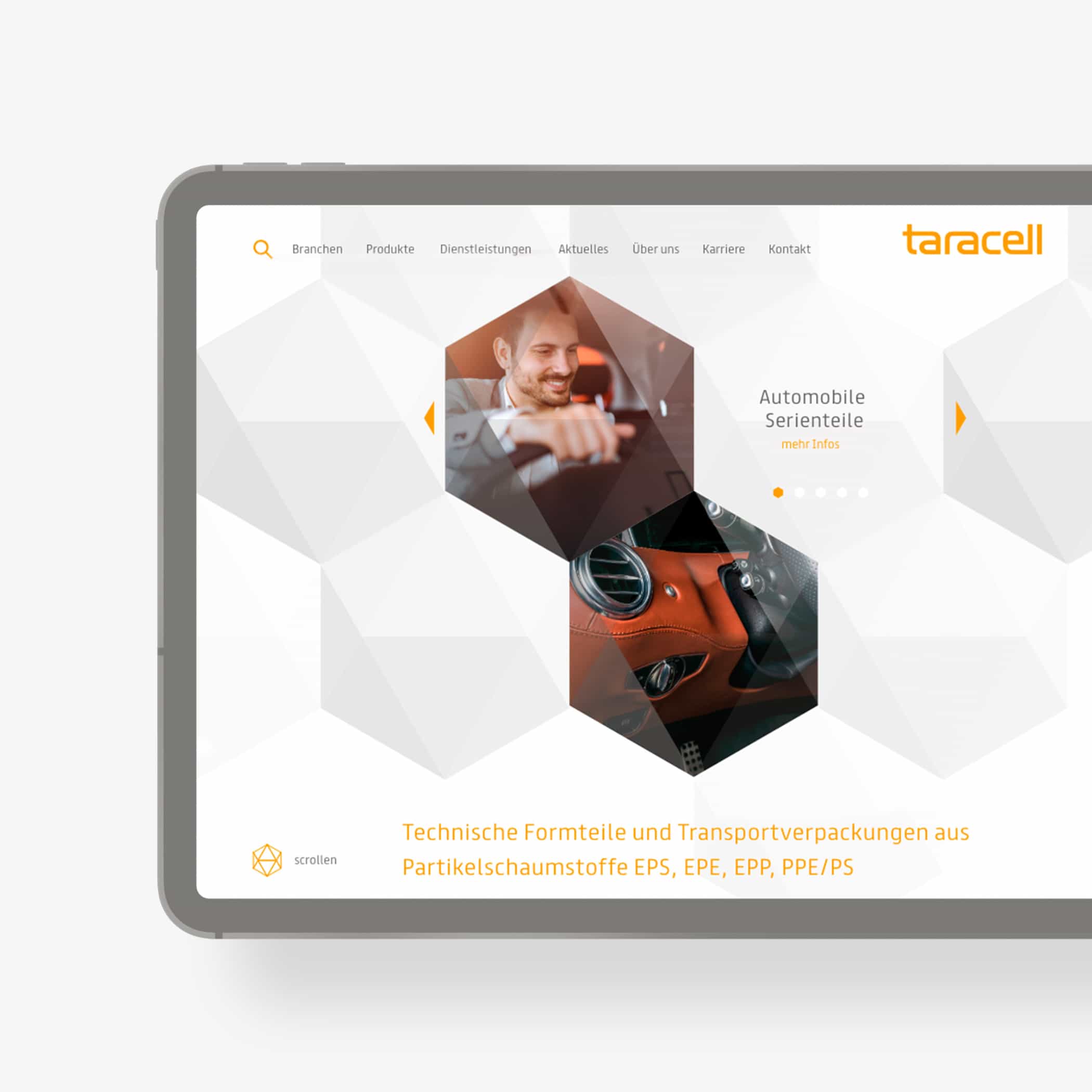 hochzwei_backp_teaser_02.jpg Tablet zeigt Website von taracell.de mit sechseckigen Fotos