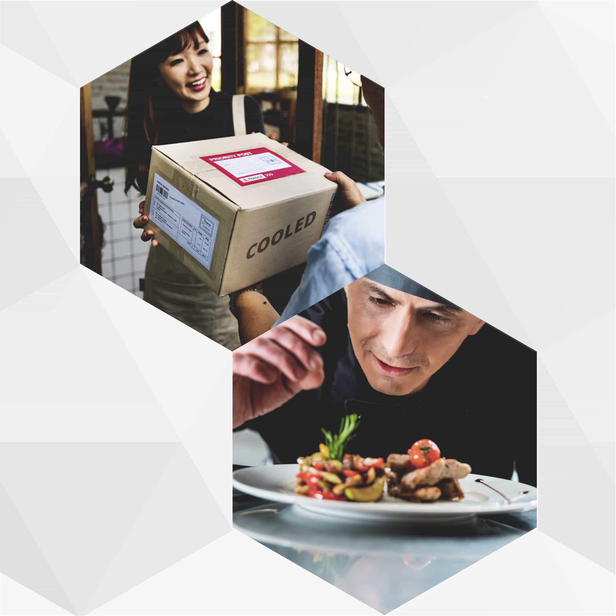 hochzwei_backp_teaser_10.jpg Zwei sechseckige Bilder zeigen eine schwarzhaarige Frau mit Versandkarton bzw. Mann, der einen Teller dekoriert