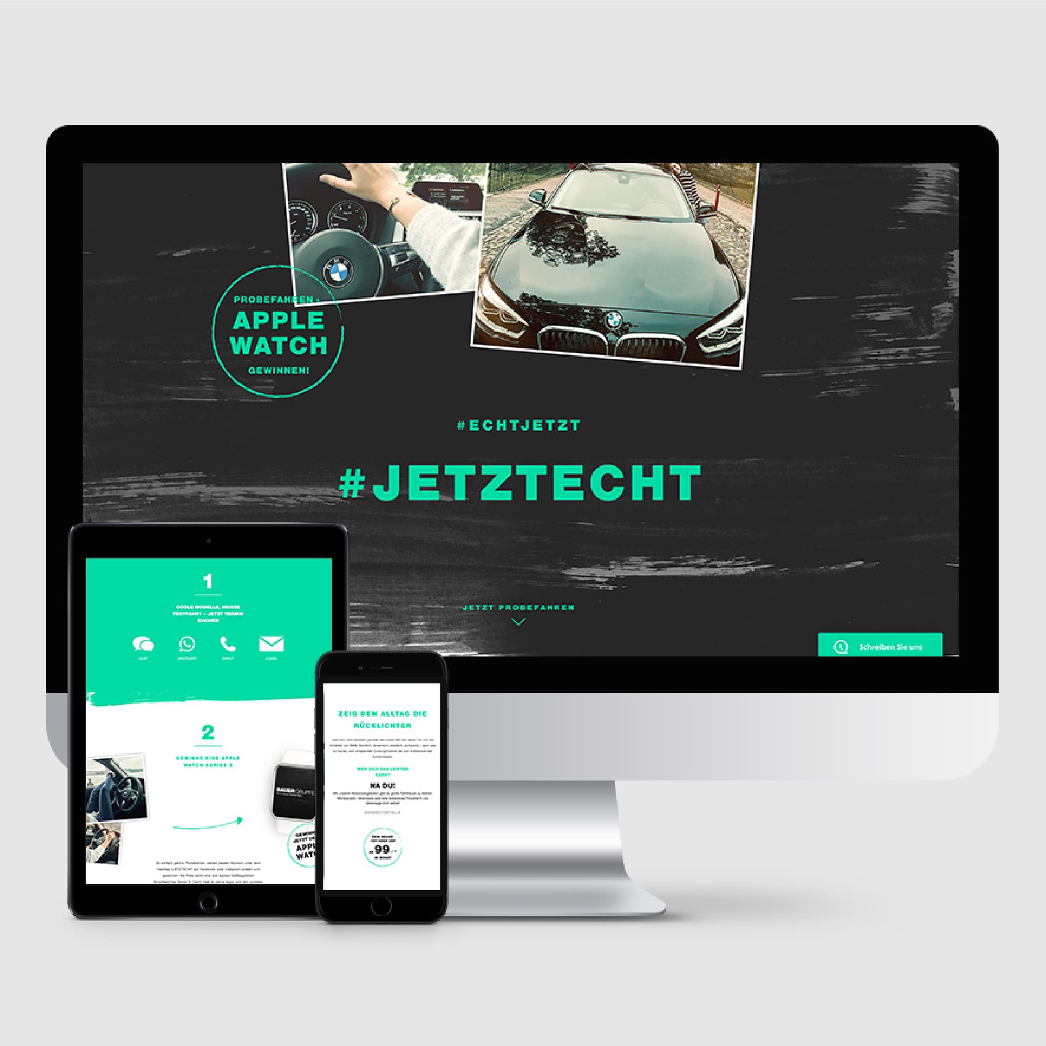 hochzwei_abau_teaser_03.jpg iMac, Tablet und Smartphone zeigen schwarz-türkise Jetzt-Echt-Kampagne