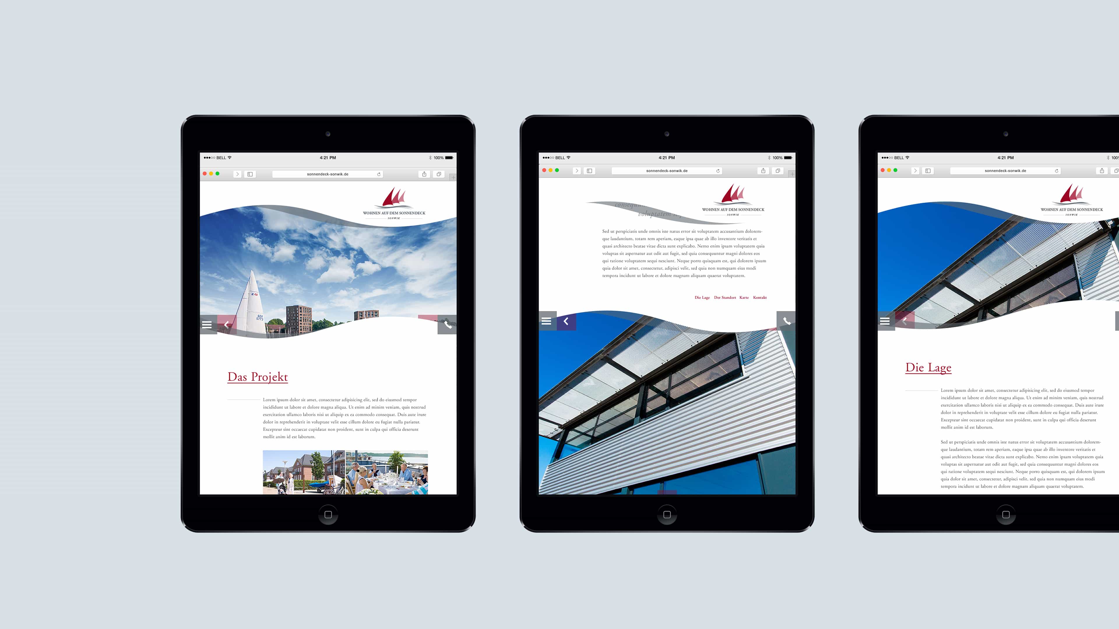 Drei Tablets hochkant mit Screenshots der Seite sonnendeck-sonwik.de