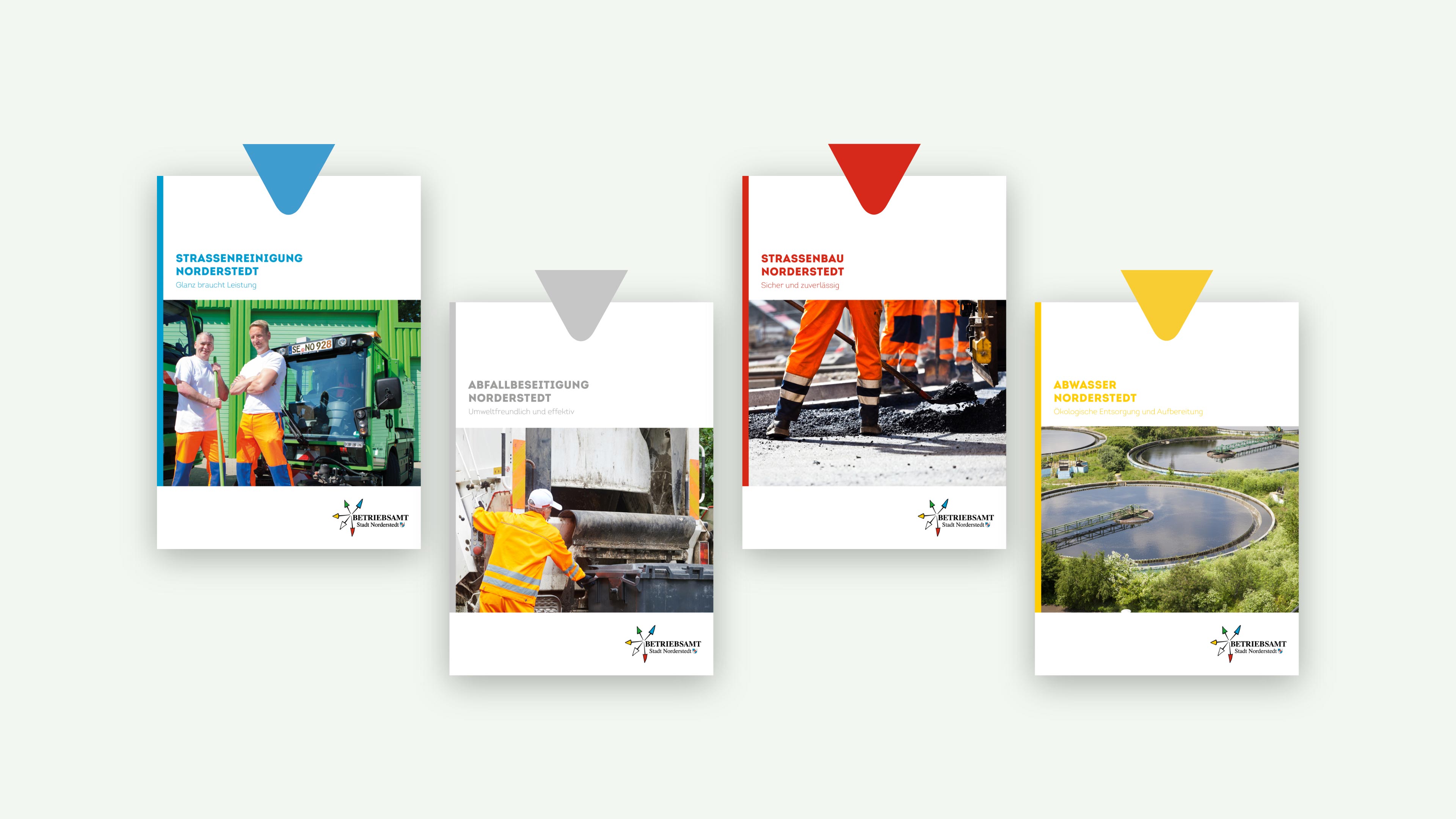 hochzwei_stno_slider_02.jpg Vier Magazin-Titelseiten für Straßenbau (Rot), Strassenreinigung (Blau) Abfall (Weiß), Abwasser (Gelb)