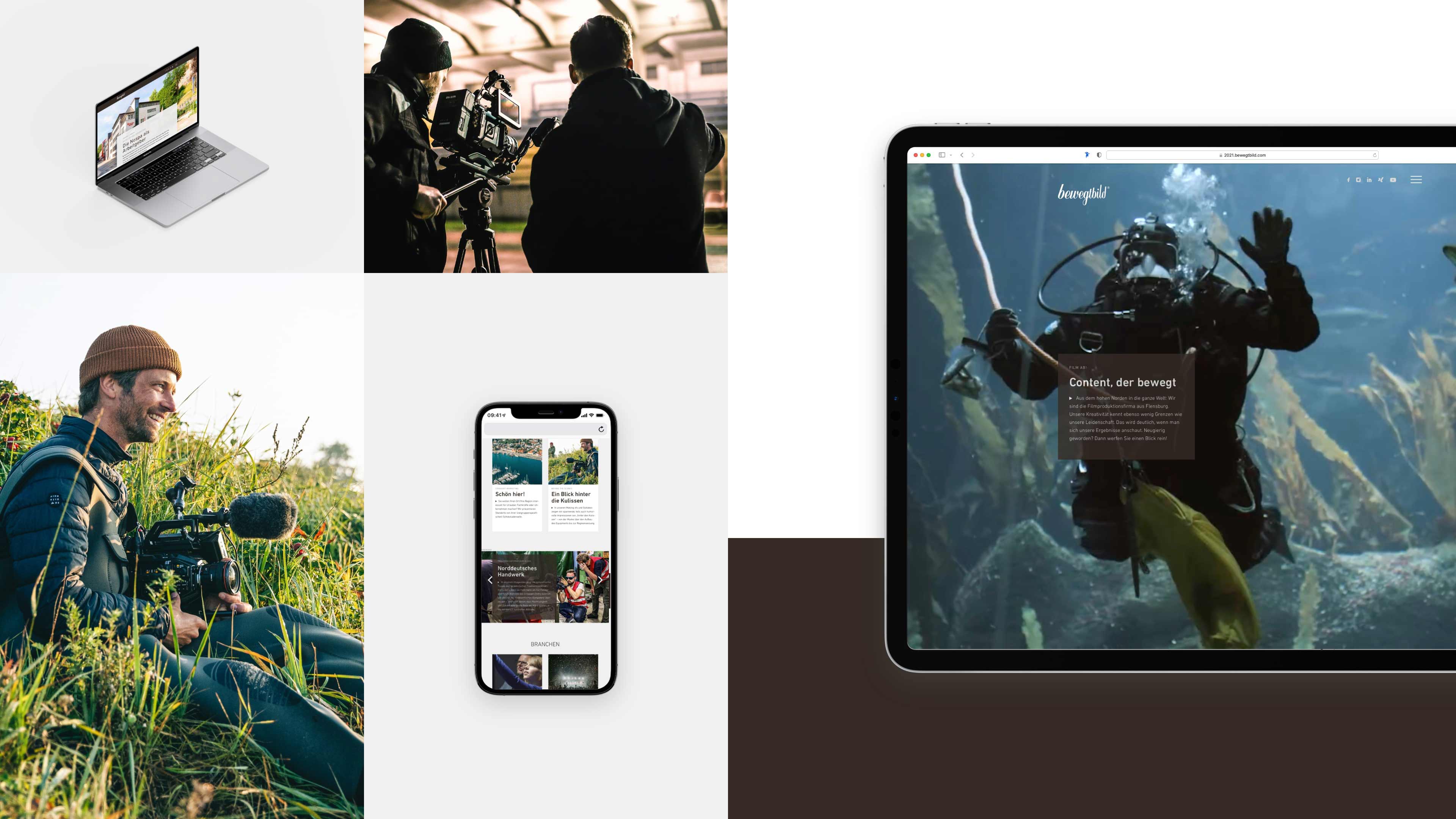 hochzwei_bb_slider_01.jpg Collage mehrerer Fotos von Mitarbeitern und der Website von bewegtbild