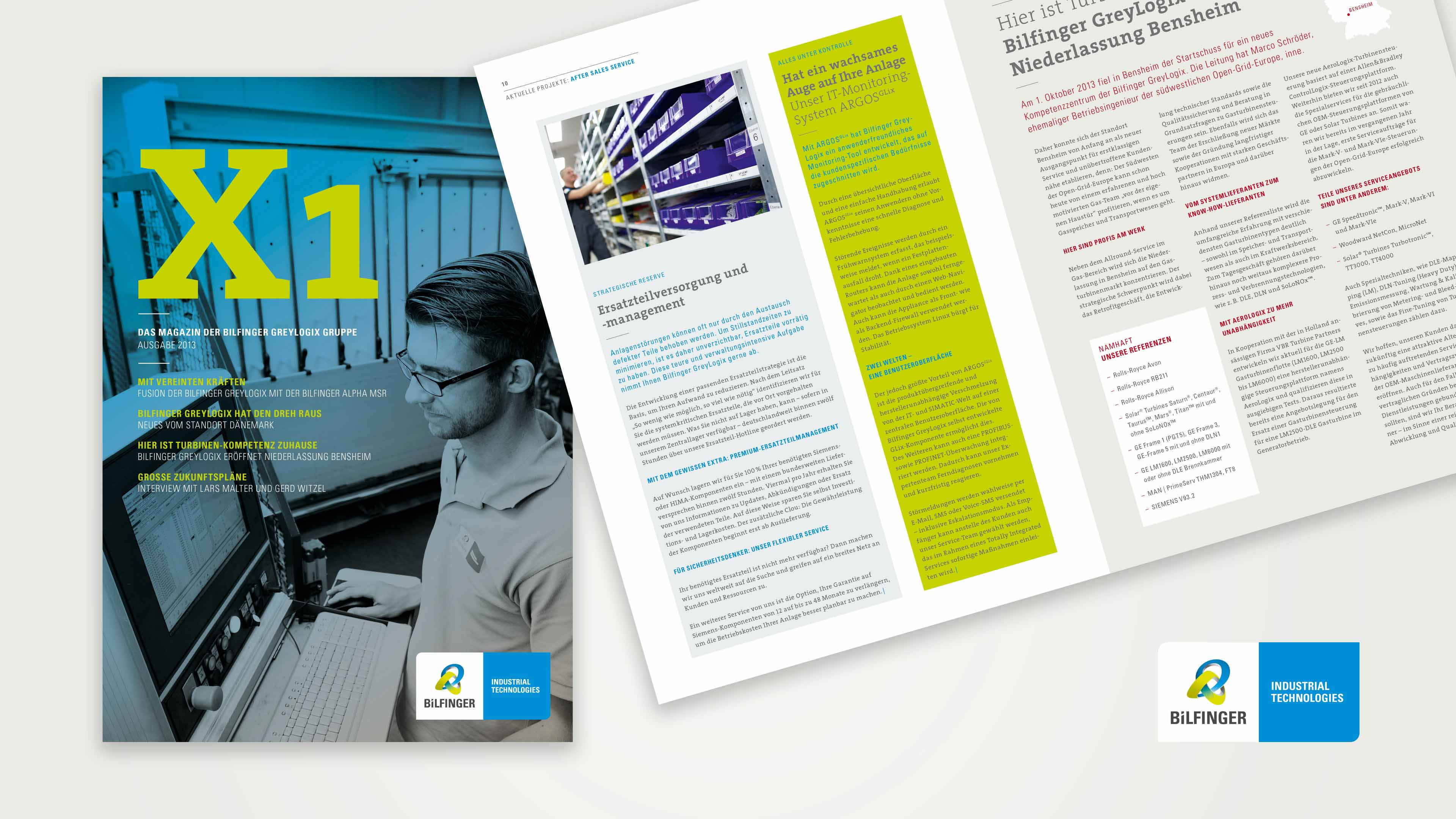 Titelblatt und Doppelseite für Bilfinger Greylogix in grau und grün
