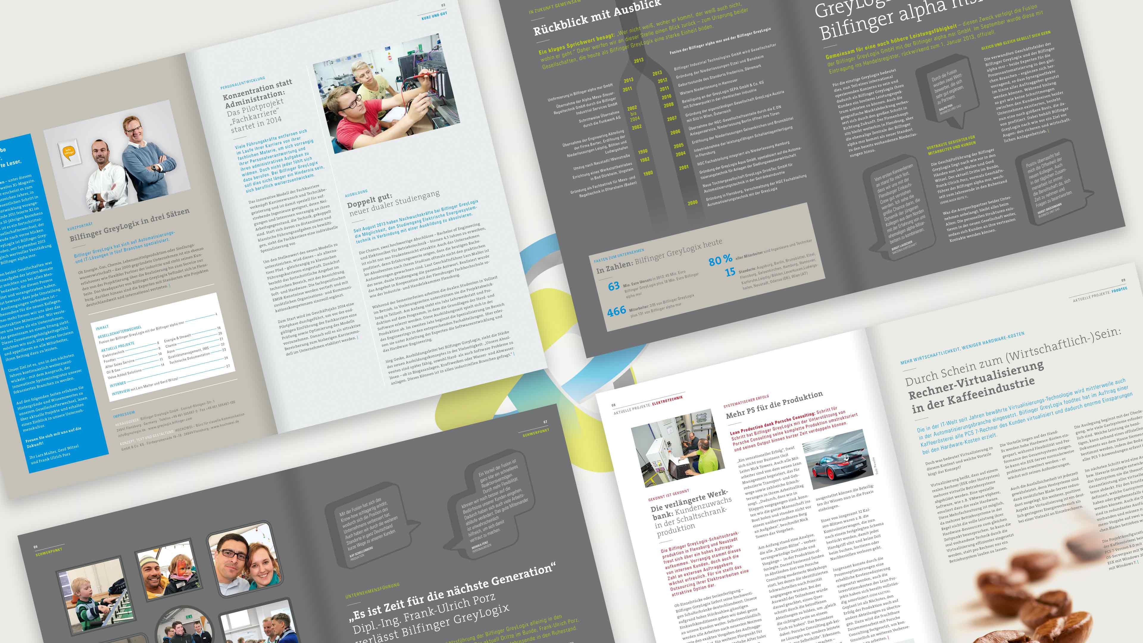 hochzwei_grey_slider_01.jpg Collage mehrerer Magazinseiten für Bilfinger Greylogix in grau, beige und blau