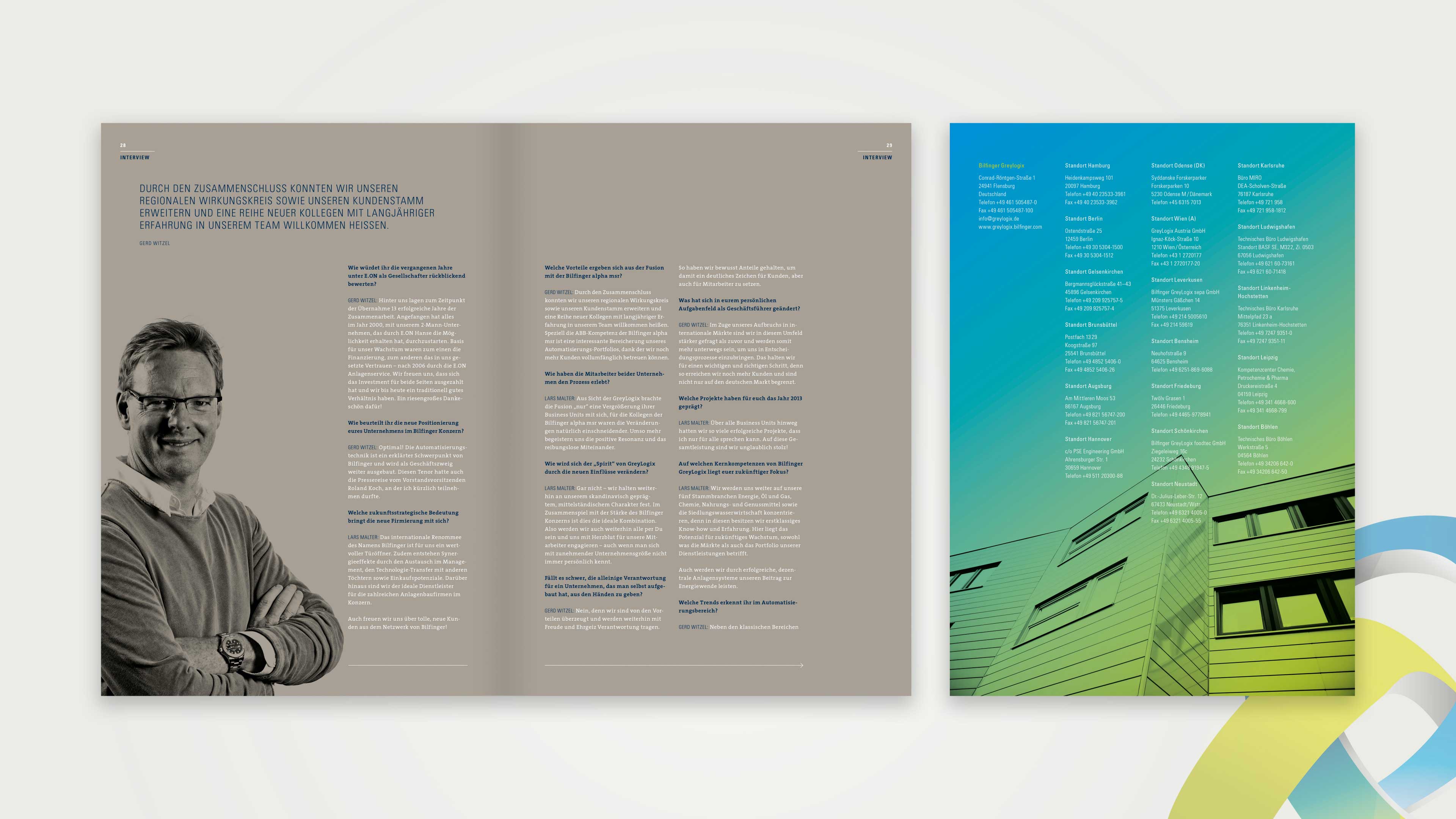 hochzwei_grey_slider_03.jpg Doppelseite mit einem Interview sowie eine Seite Standorte