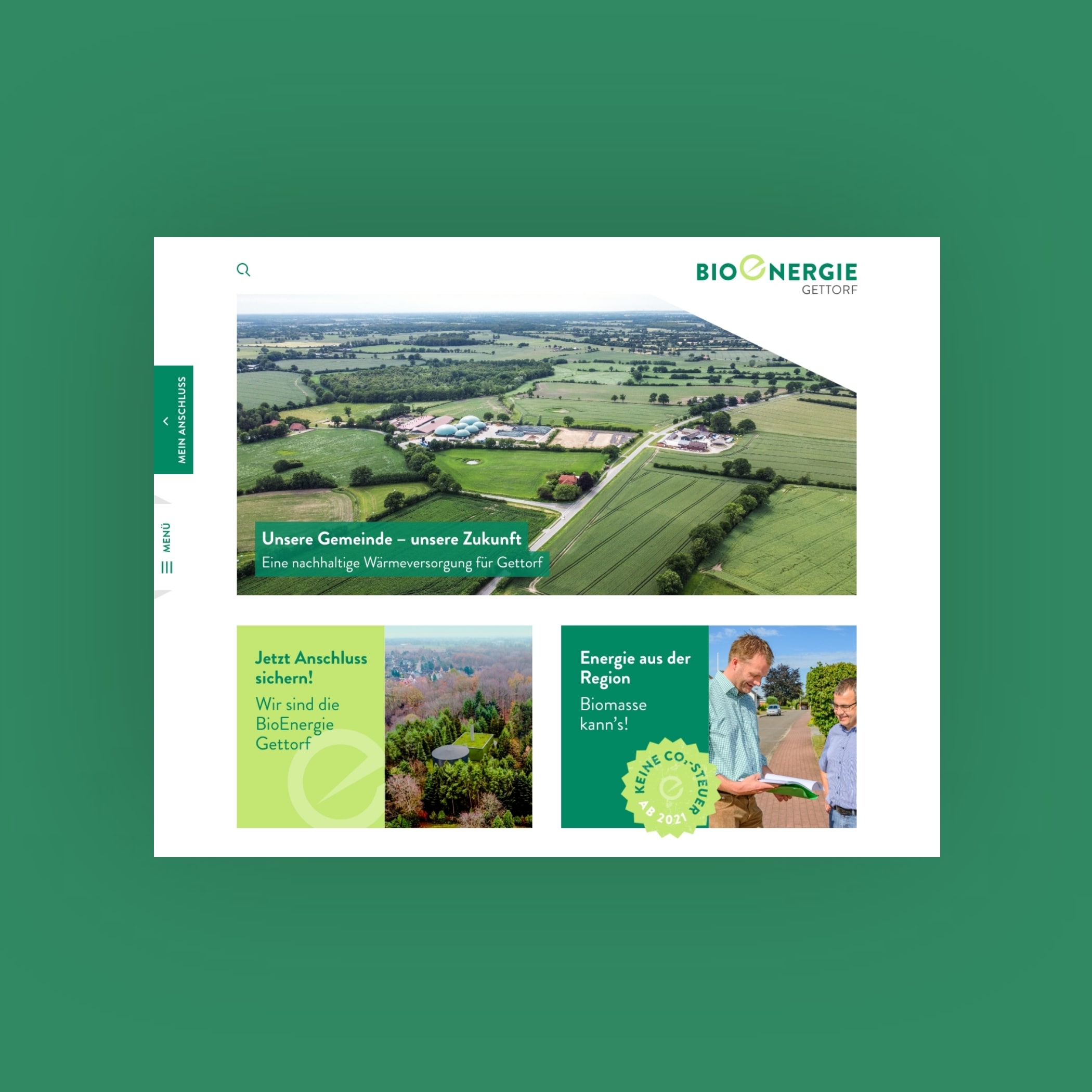 hochzwei_bioenergie_teaser_02.jpg Screenshot der Bioenergie Gettorf Website vor dunkelgrünem Hintergrund