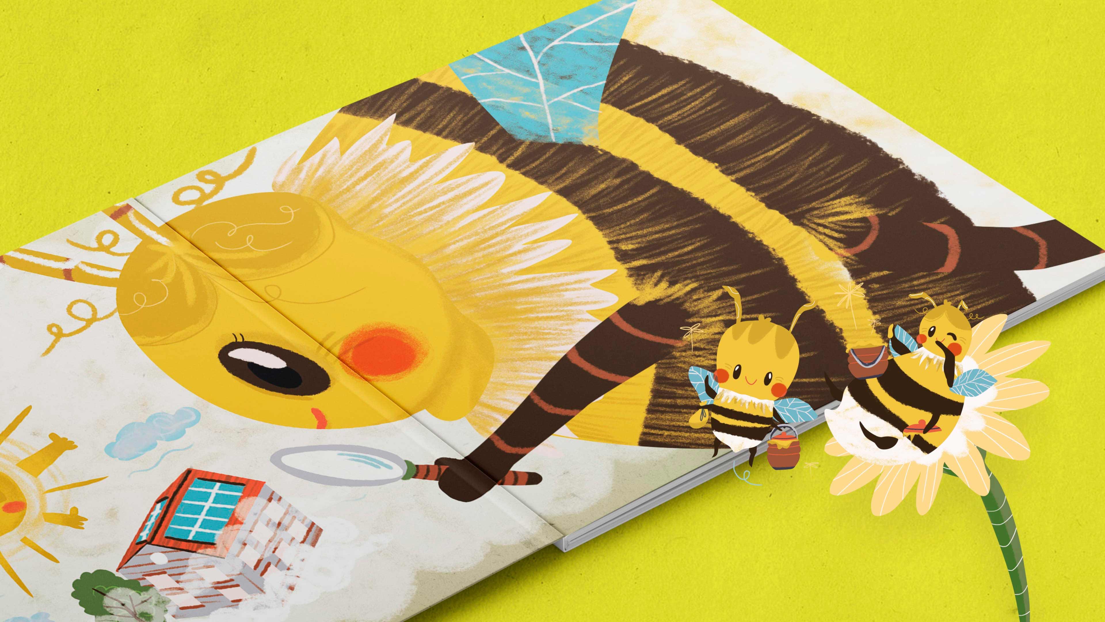 Aufgeschlagenes Buch und zwei fröhliche Bienen