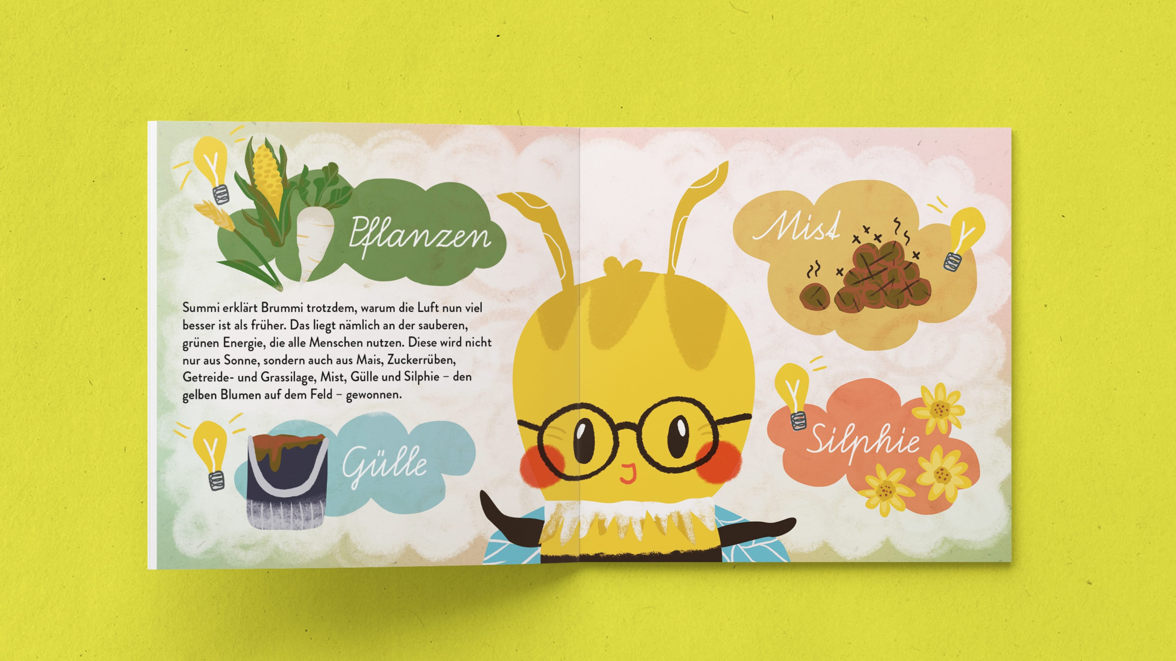 h2_summi_slider_03.jpg Lustig illustrierte Biene mit Brille erklärt dass Grüne Energie aus Pflanzen und Gülle gewonnen wird