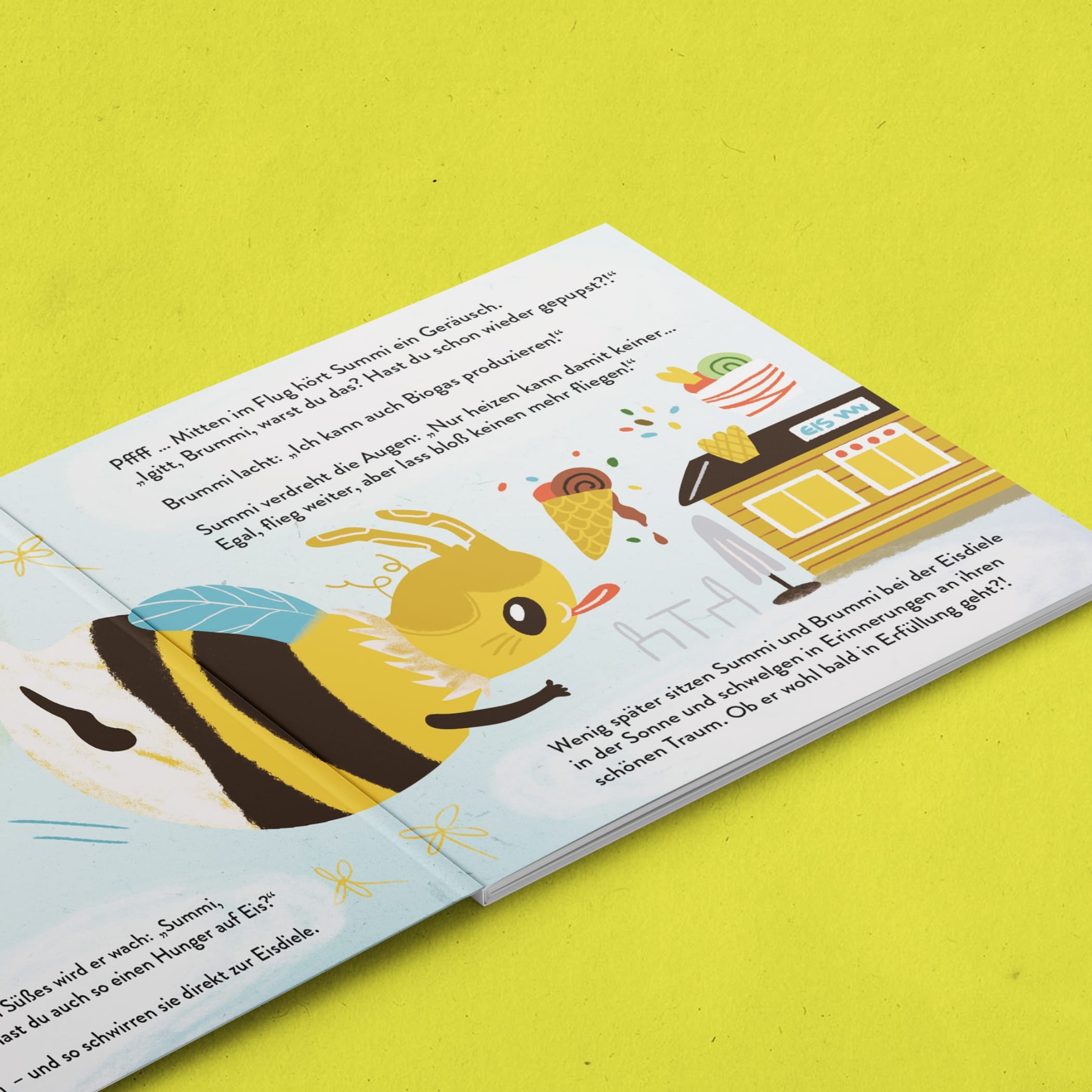h2_summi_teaser_05.jpg Blick ins Summi-und-Brummi-Pixibuch vor grün-gelbem Hintergrund