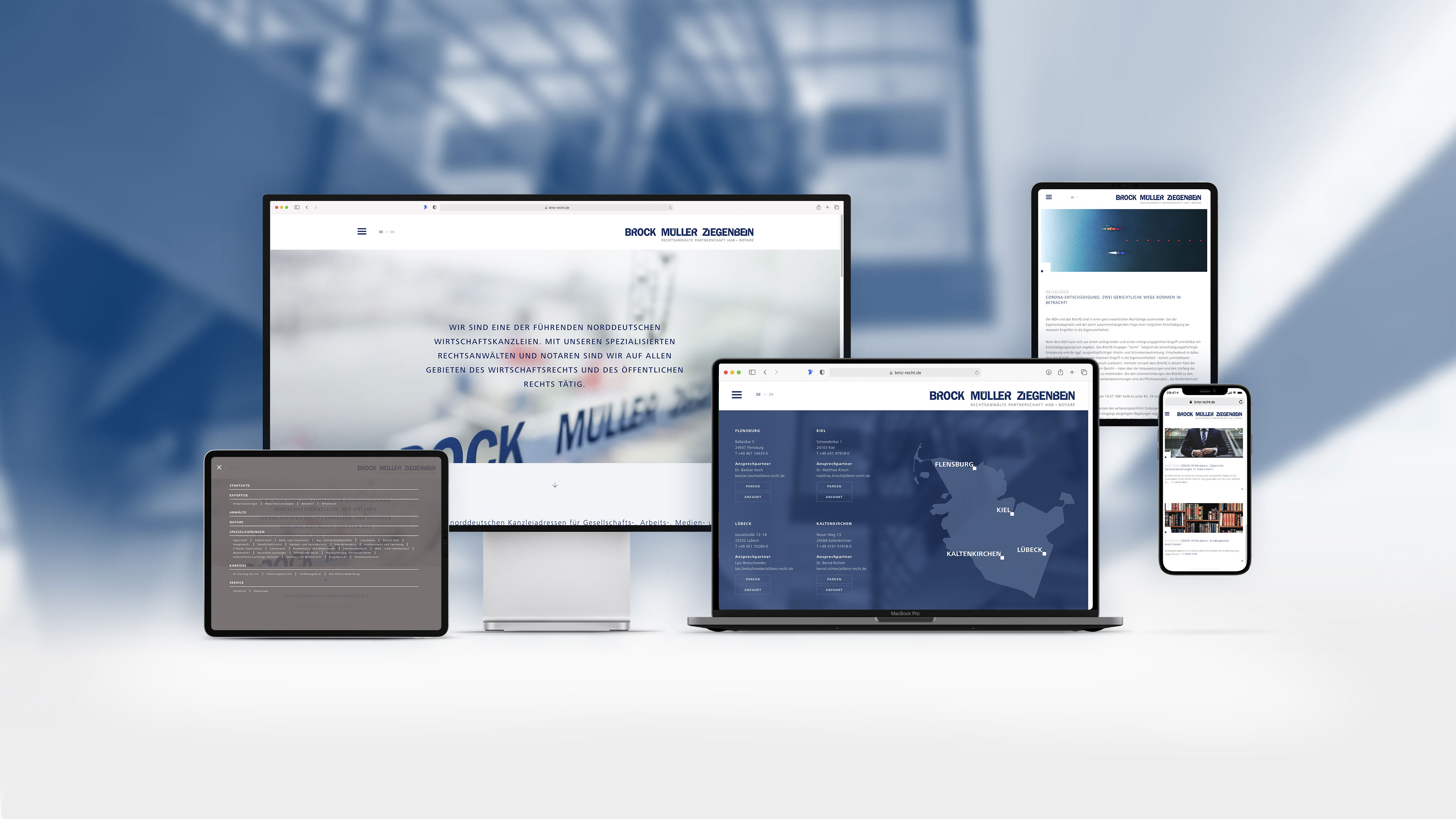 Mobile Endgeräte zeigen Website von bmz-recht.de