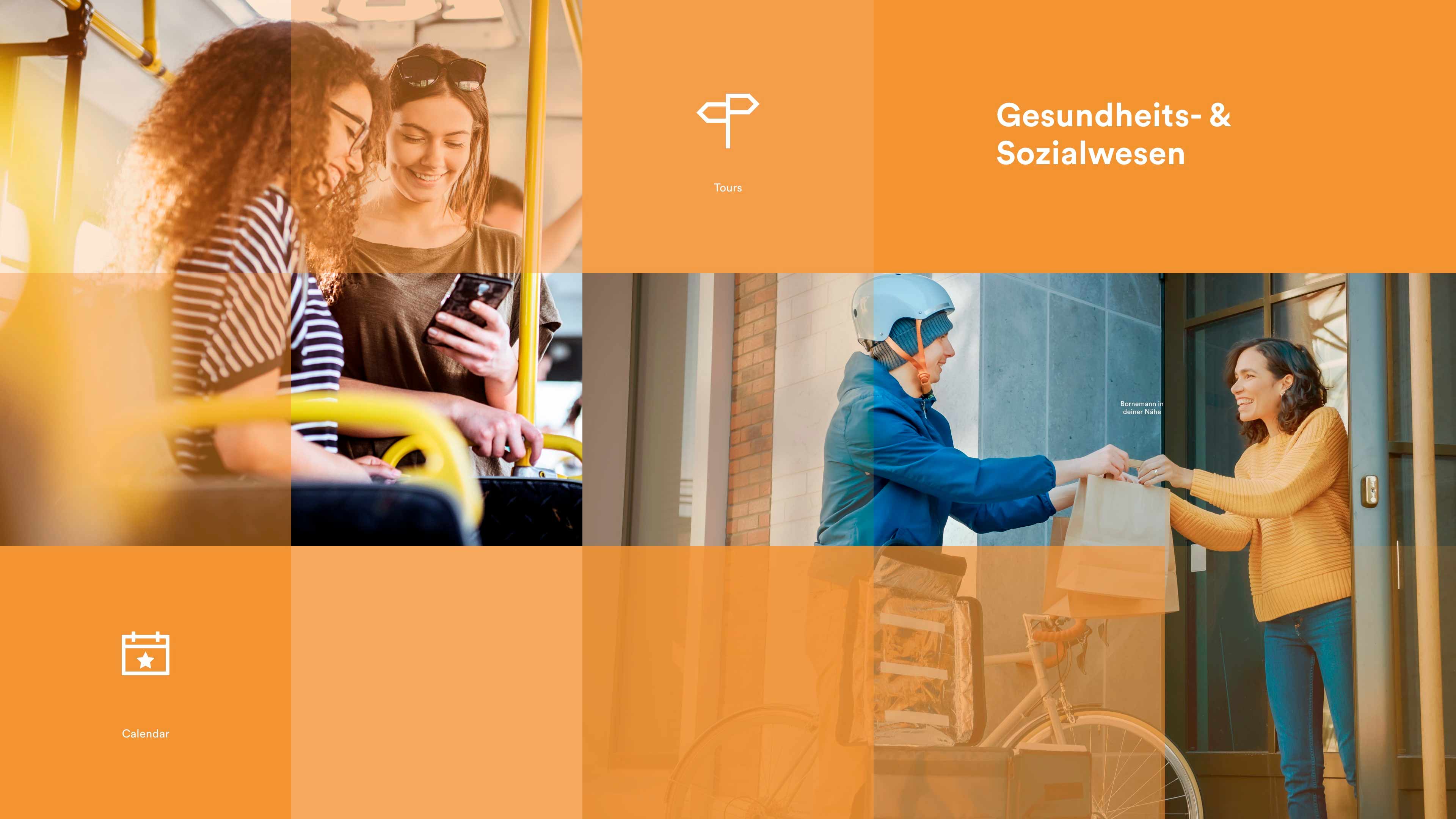 hochzwei_bornemann-AG_slider01.jpg Collage aus zwei Frauen im Bus, Lieferdienstfahrer und weißer Schrift auf orange