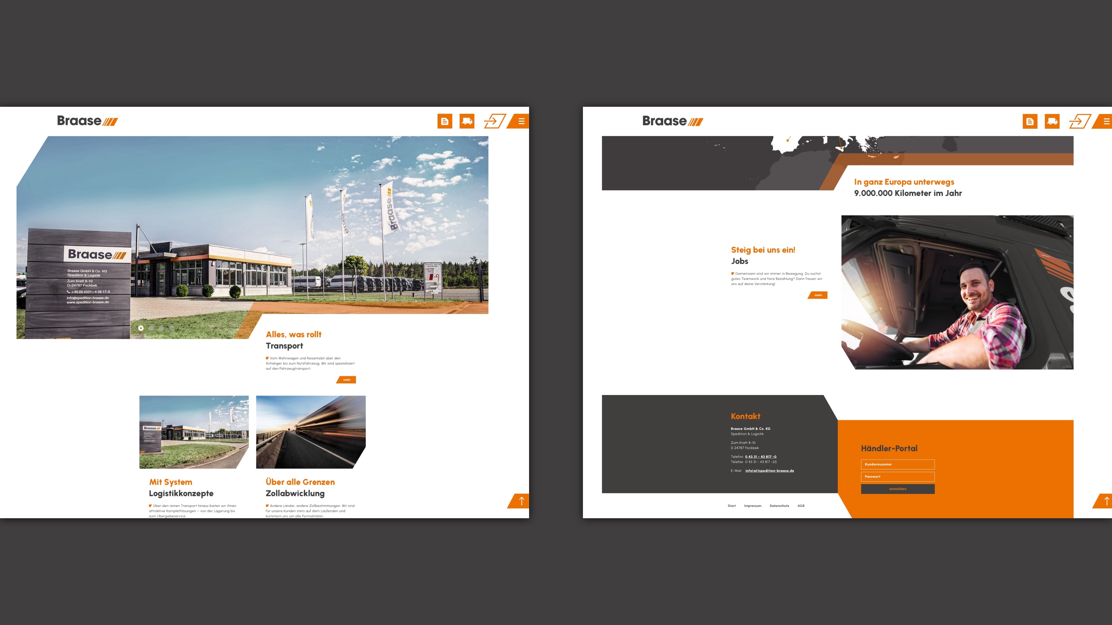 Zwei Screenshots der Website der Spedition Braase