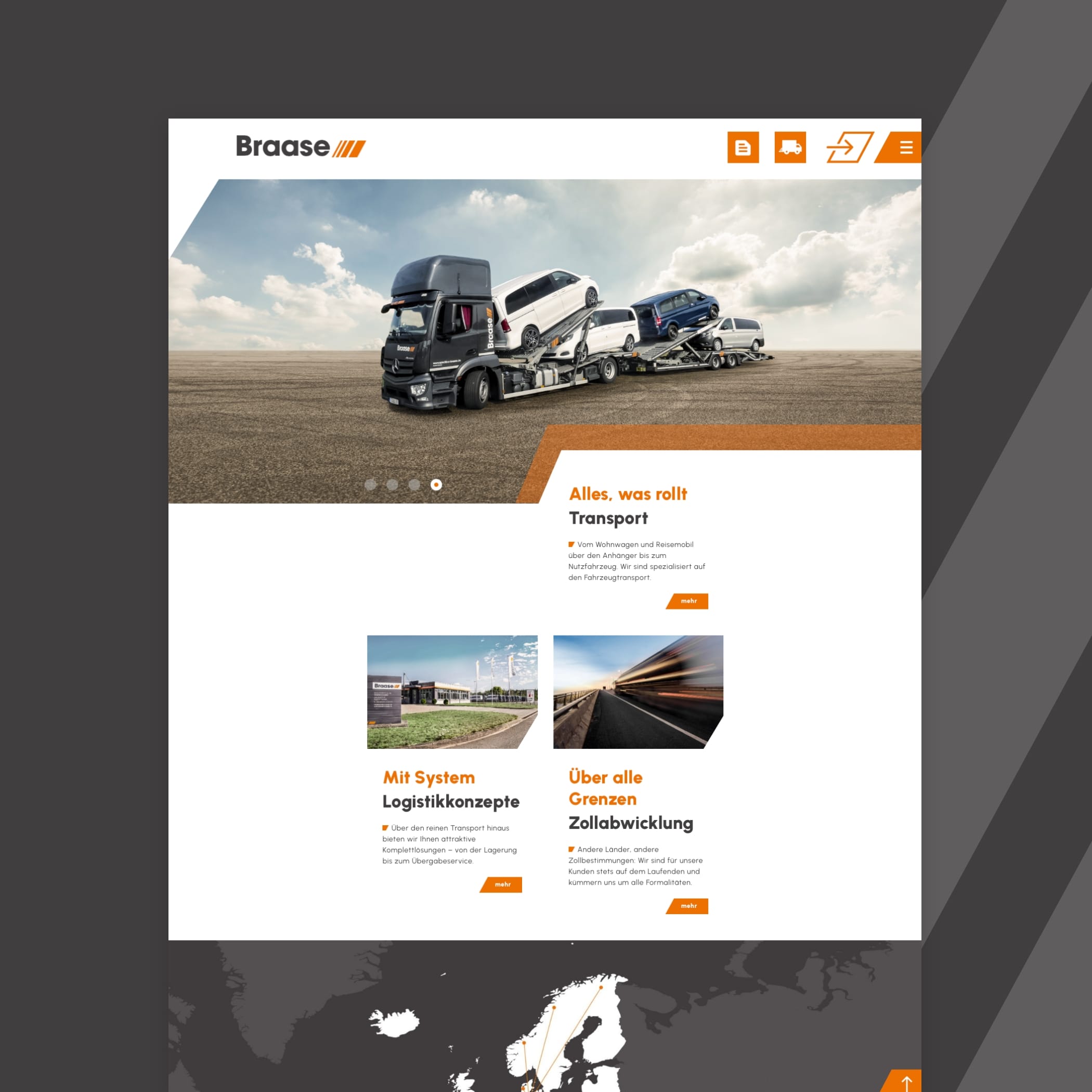 Startseite der Spedition Braase zeigt beladenen Autotransporter