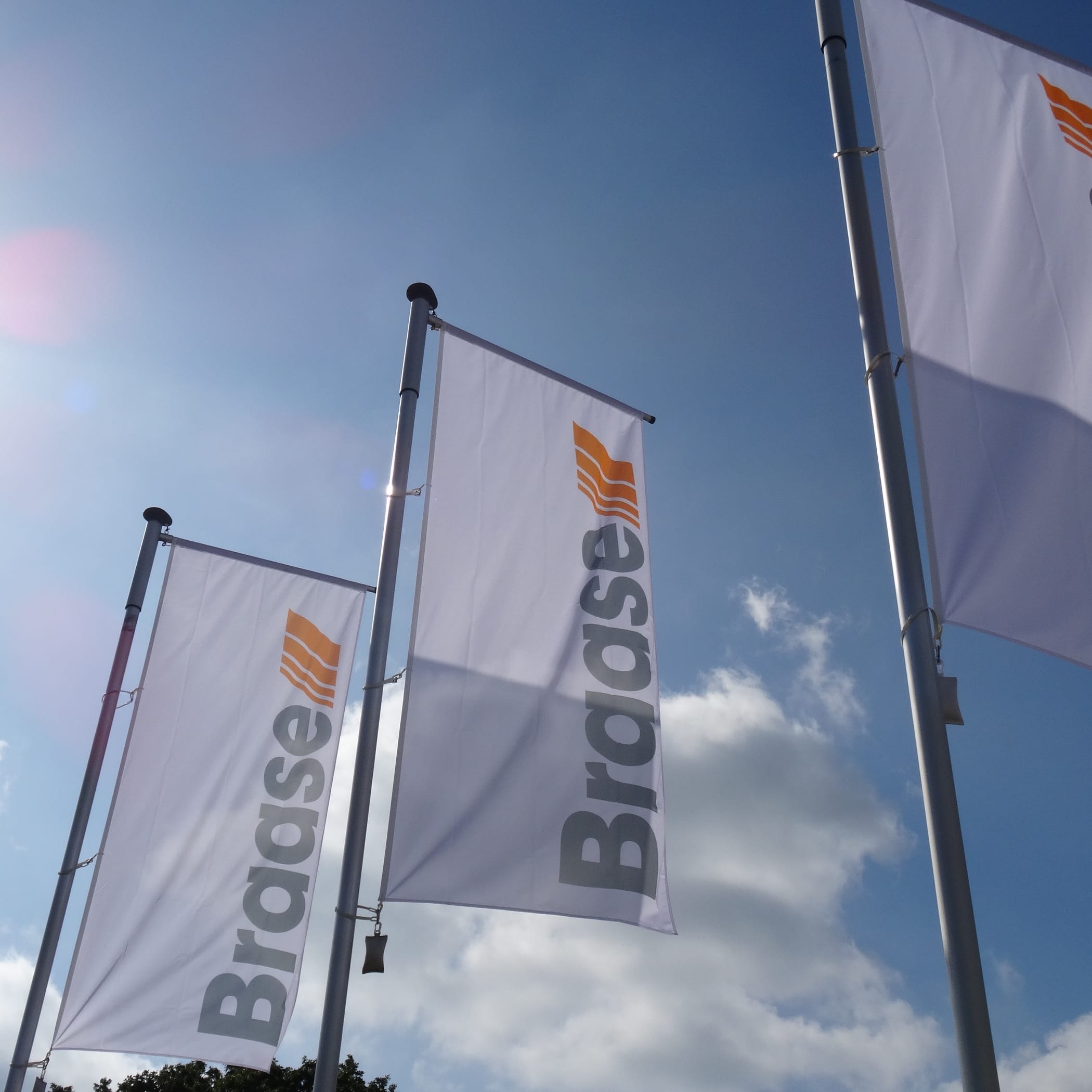 Aufblick auf drei Fahnenmasten mit weißen Braase-Flaggen