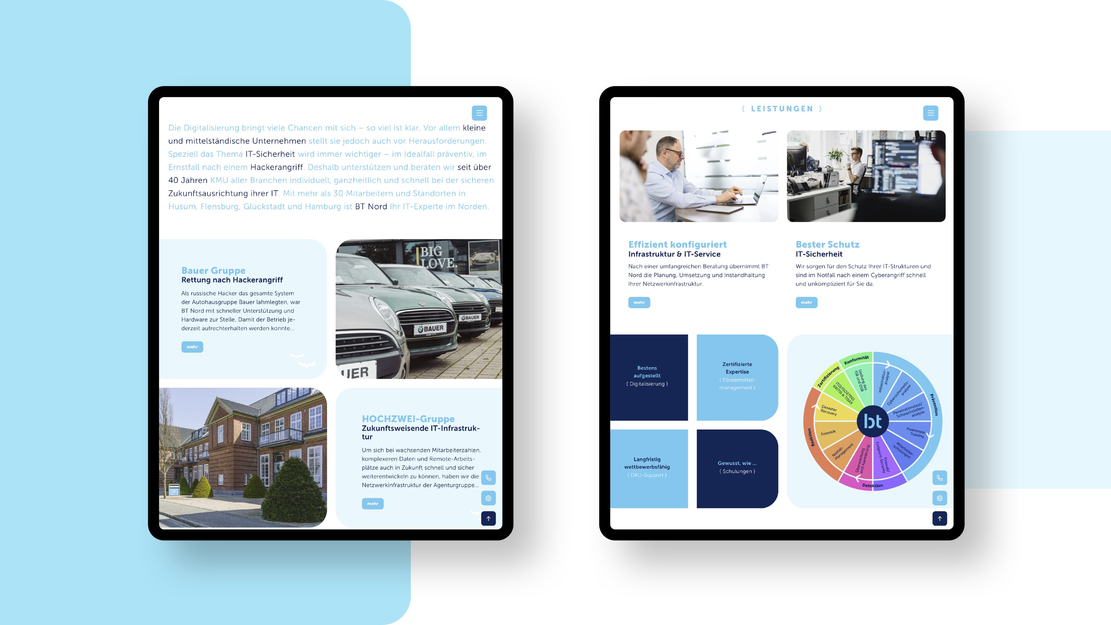 hochzwei_BT-Nord_slider_02.jpg Die Leistungsbereiche von bt nord, angezeigt auf zwei Tablets.