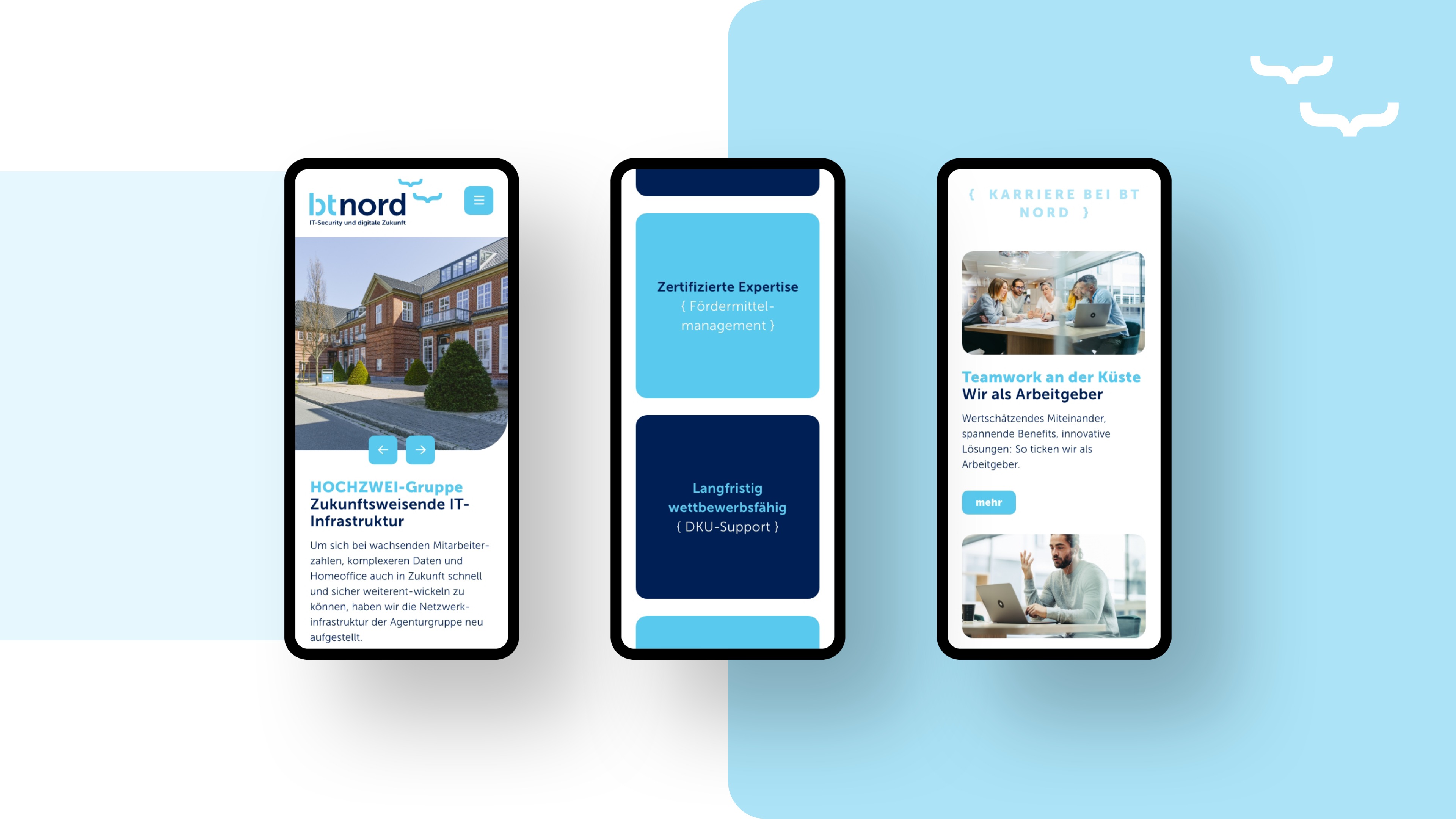 hochzwei_BT-Nord_slider_03.jpg Verschiedene Unterseiten der neuen Webseite in der mobilen Ansicht.