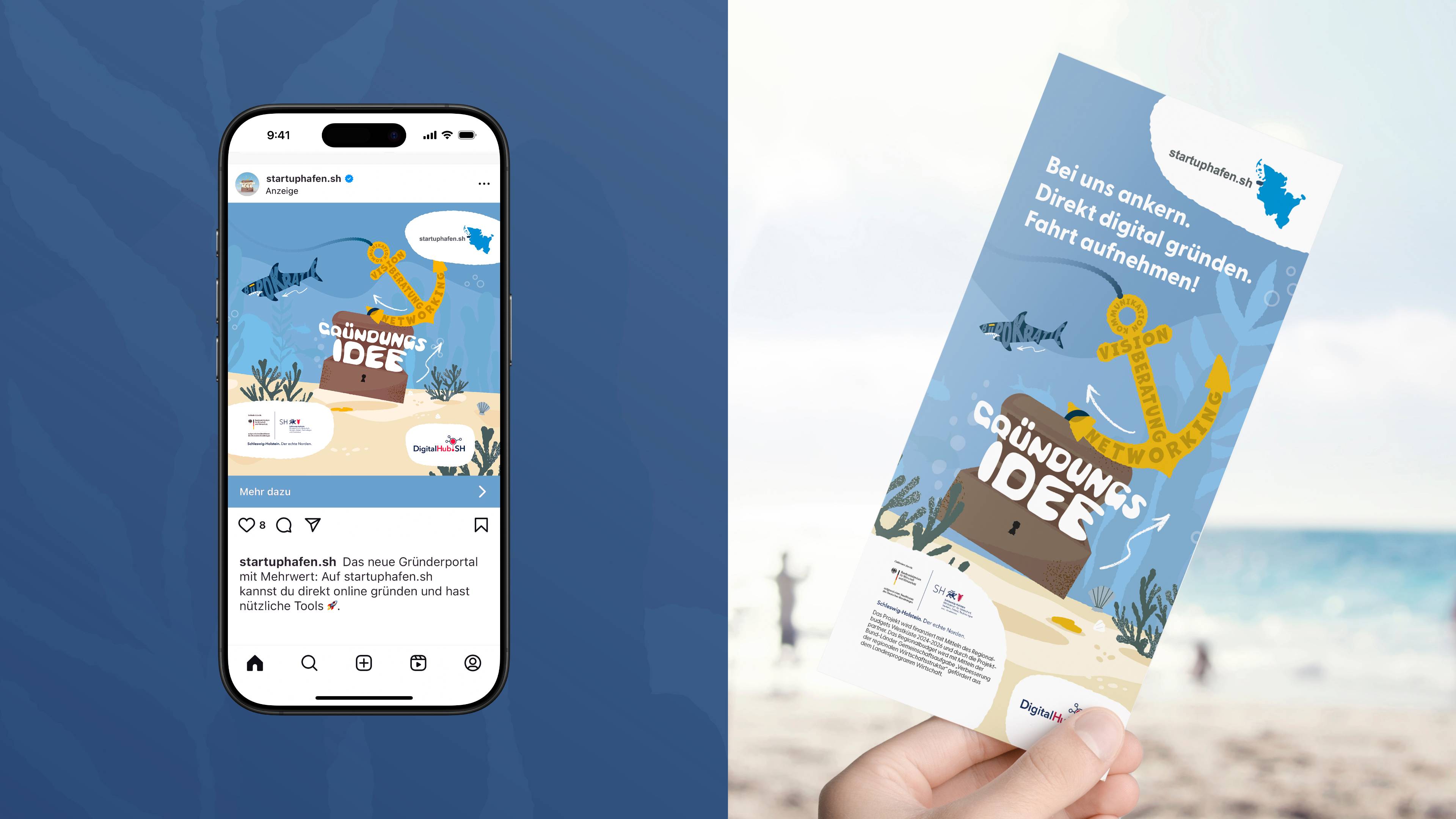 Die Startuphafen Webseite auf einem Smartphone und ein Flyer des Startuphafens.