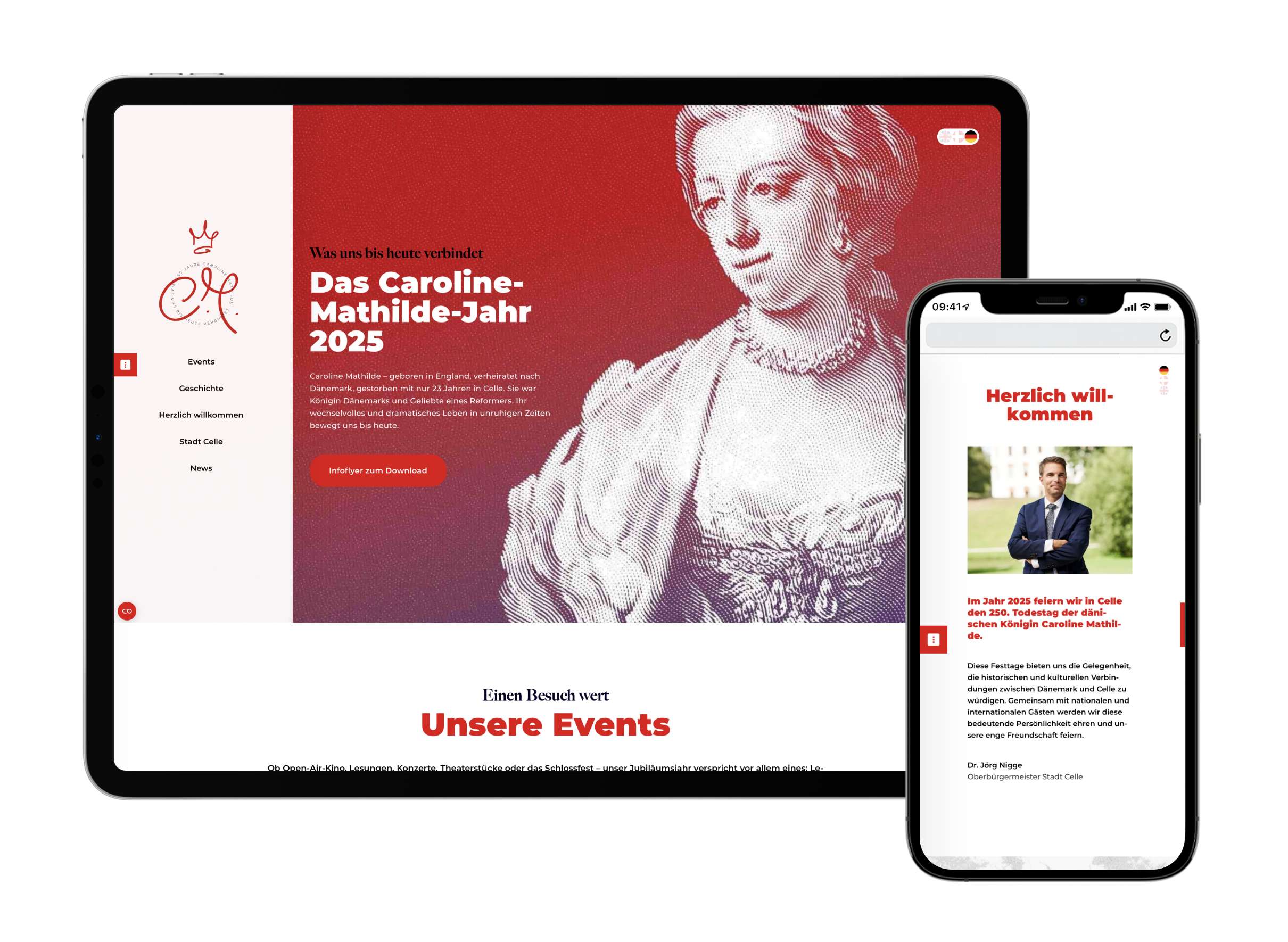 Tablet, Smartphone mit Caroline Mathilde Artikel