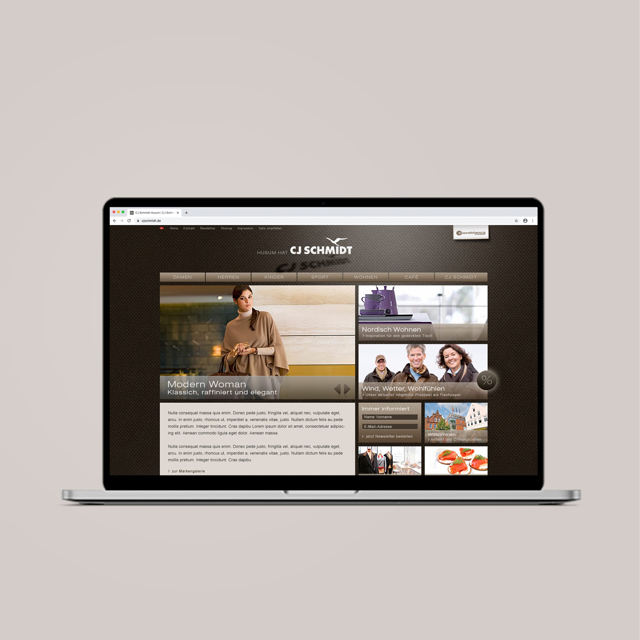 hochzwei_kundenkuerzel_teaser_08.jpg Laptop zeigt braune Startseite von cjschmidt.de