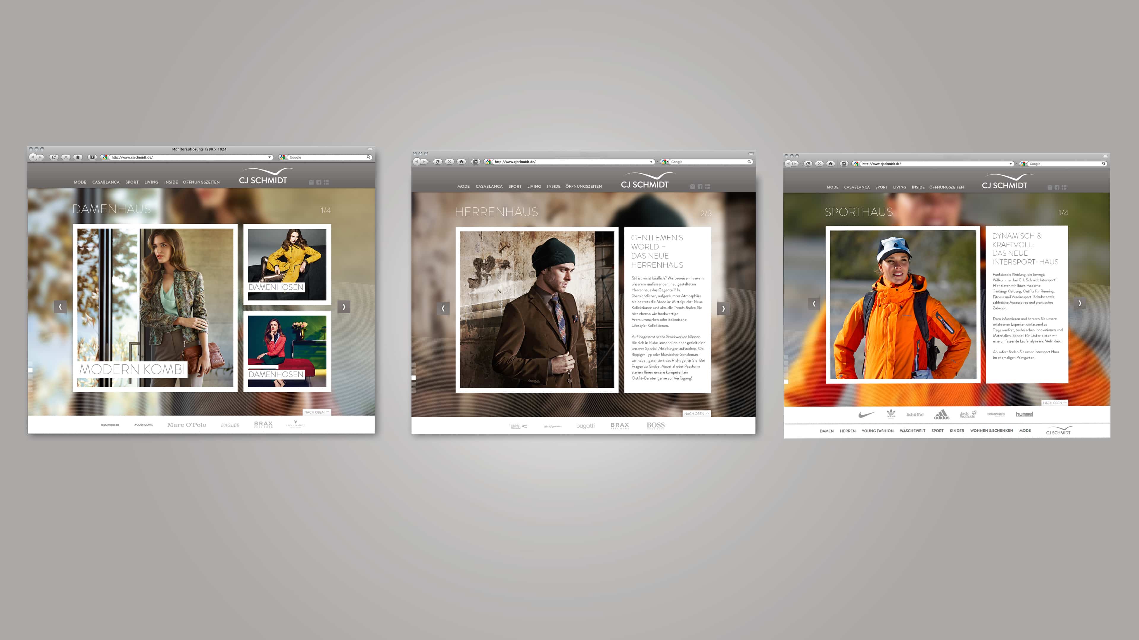 Drei Screenshots über Damen-, Herren- und Sporthaus bei CJ Schmidt