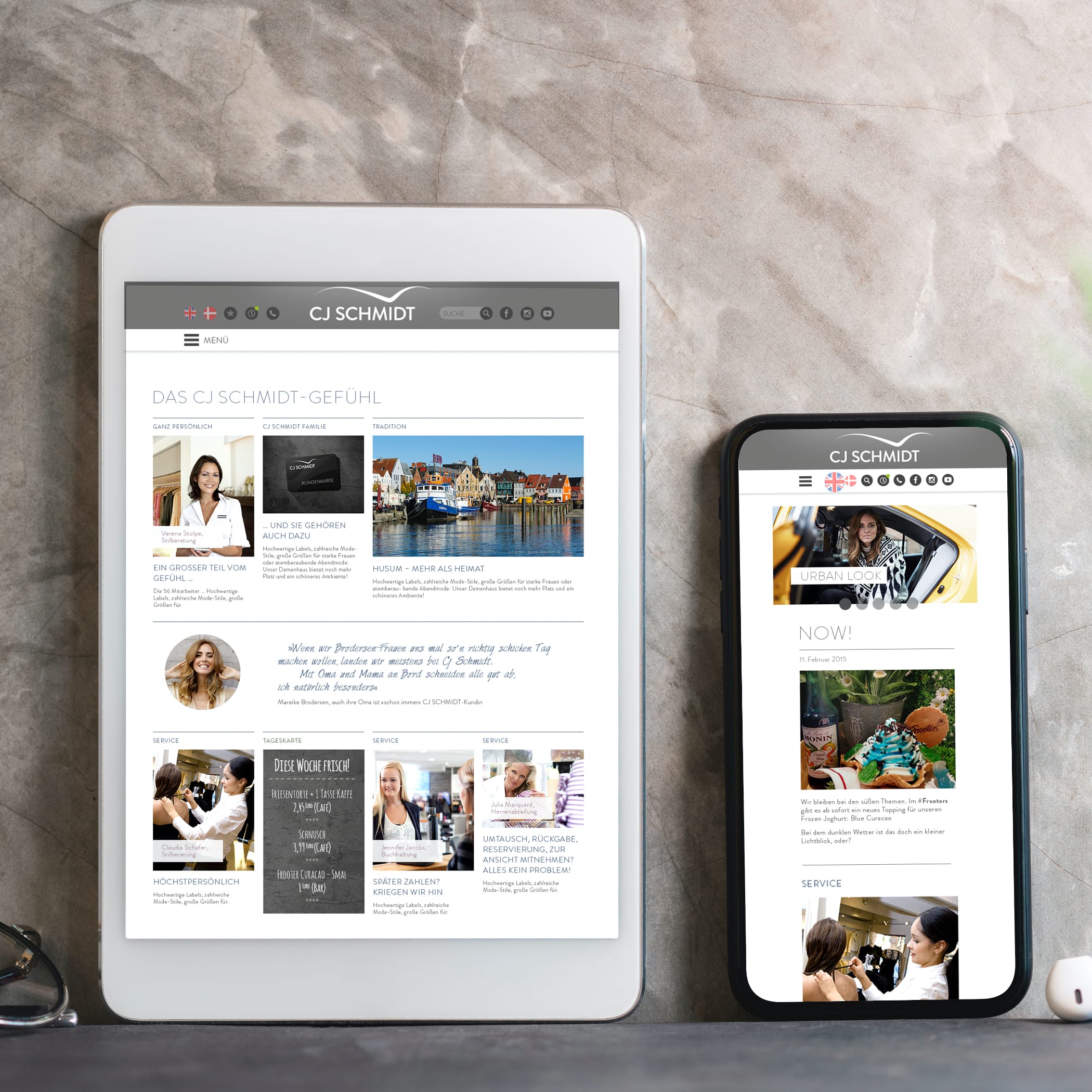 hochzwei_cjs_teaser_01.jpg Liegendes Tablet und Smartphone, das die mobile Seite von CJ Schmidt zeigt