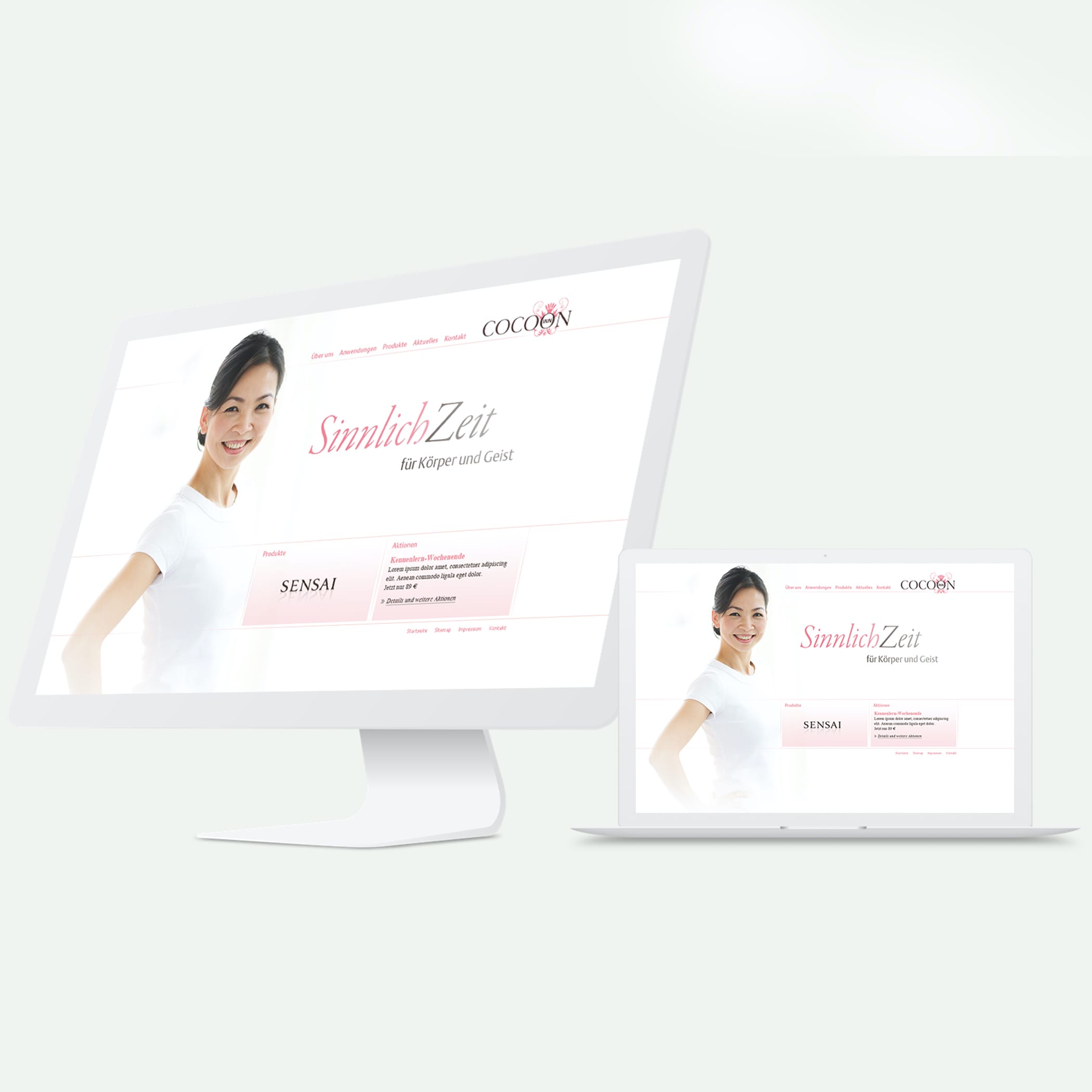 hochzwei_phra_teaser_02.jpg iMac und Tablet zeigen weiß-rosa Website von Cocoon Inn