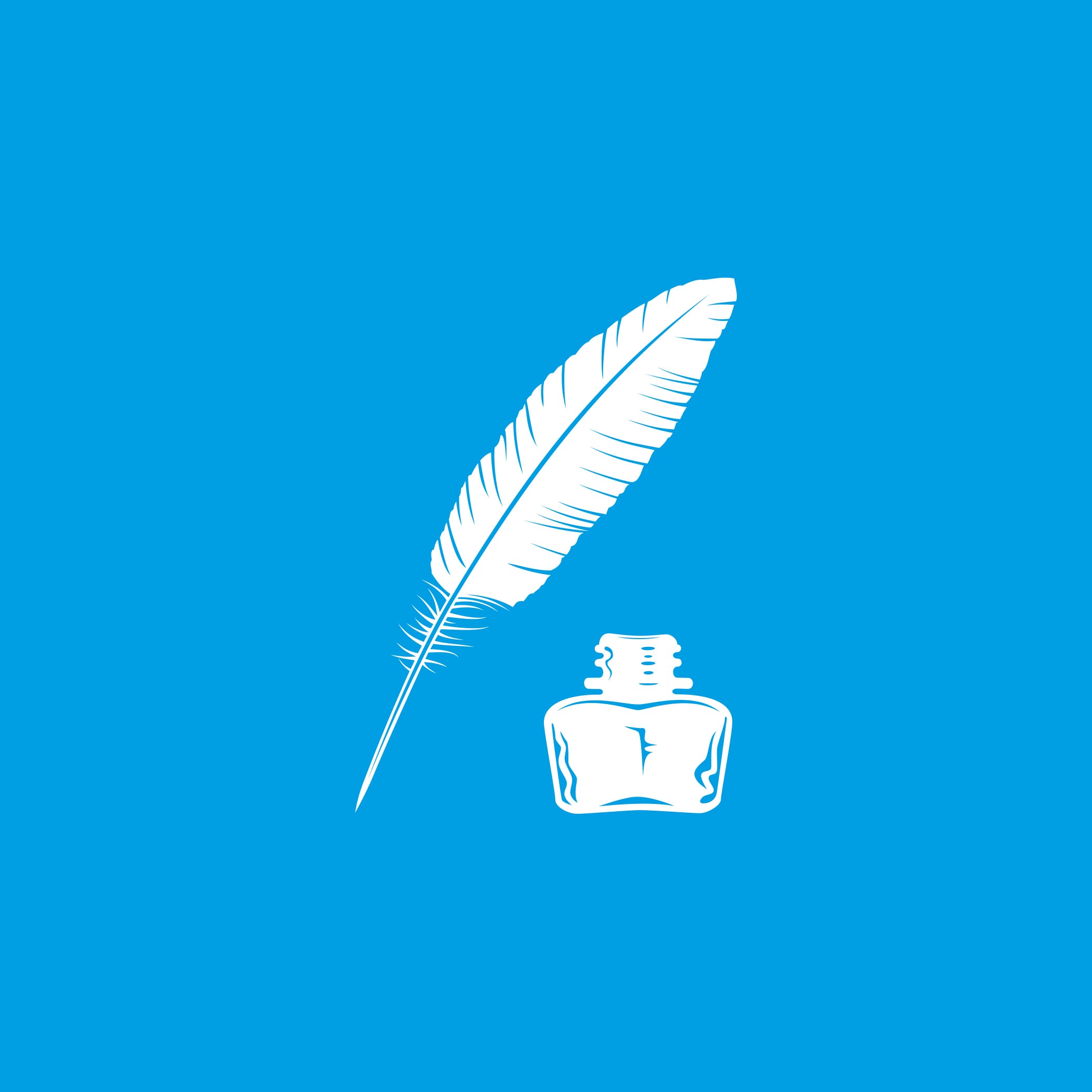 hochzwei_cred_teaser_01.jpg Weiße Grafik eines Tintenfasses und Feder vor blauem Hintergrund