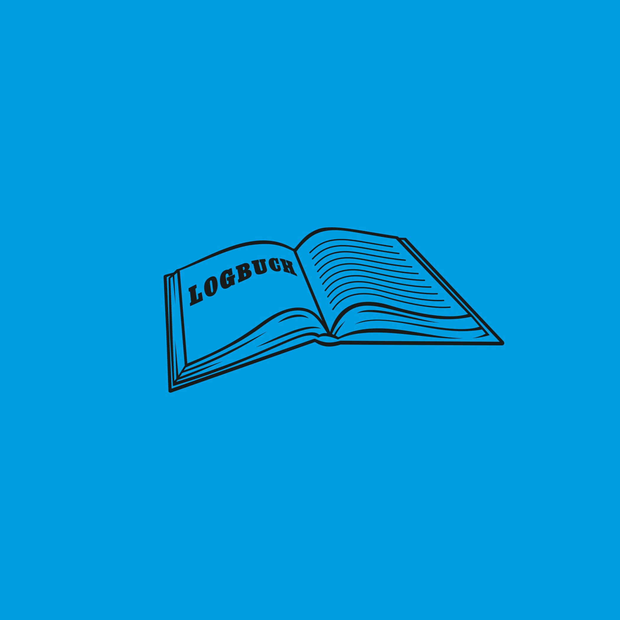 hochzwei_cred_teaser_07.jpg Schwarze Grafik eines aufgeschlagenen Buches auf dem Logbuch steht vor blauem Hintergrund