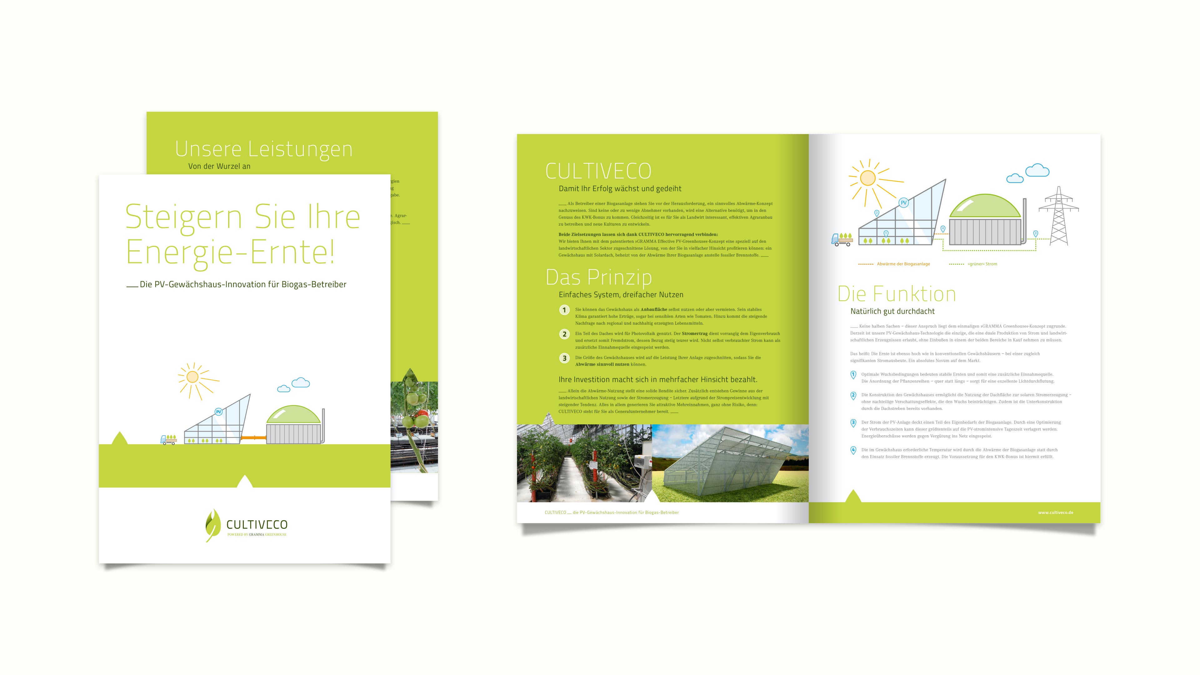Verschiedene Seiten des grünen Flyers für Cultiveco