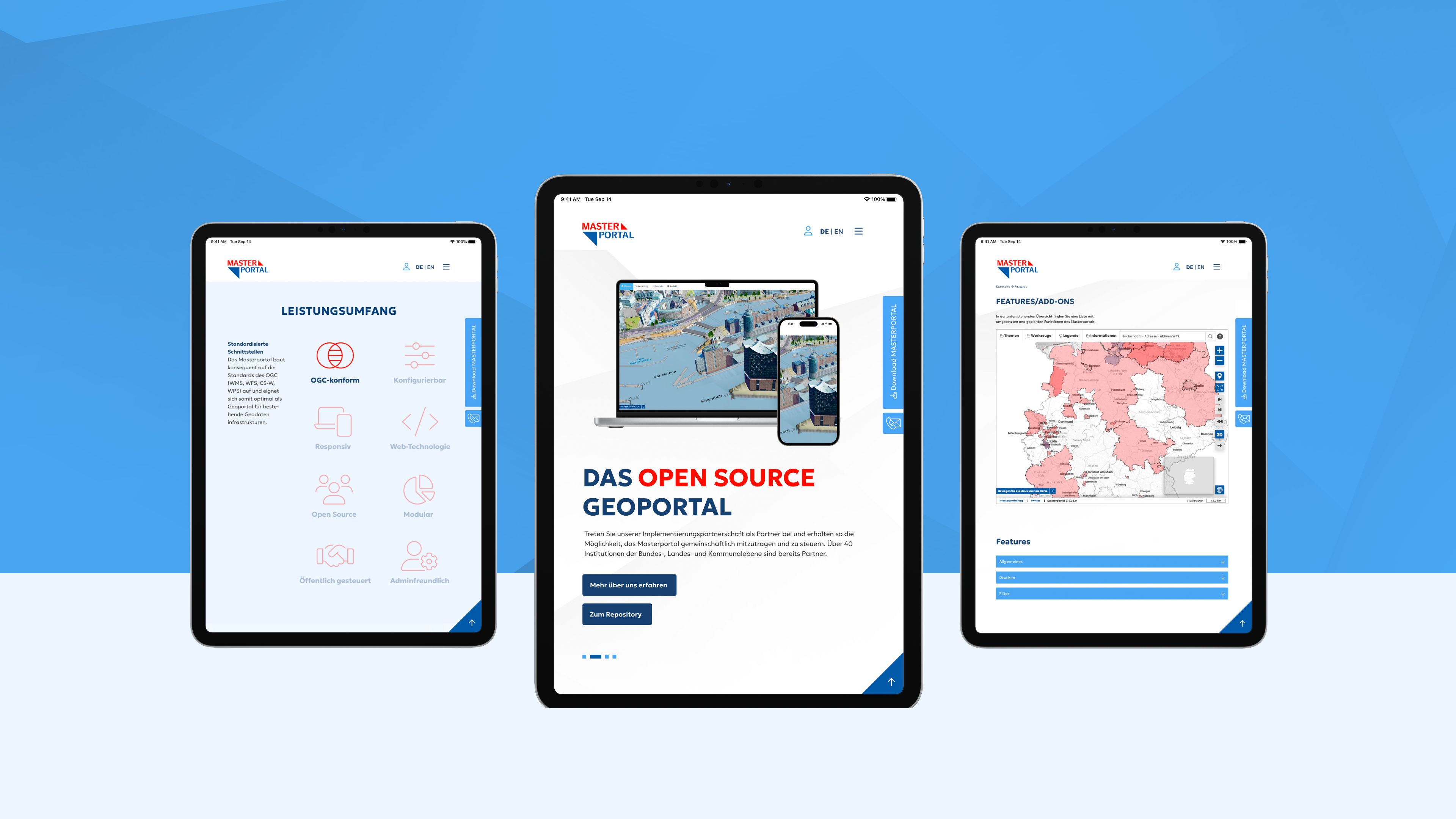 Die neue Webseite von Masterportal, dargestellt auf drei Tablets.