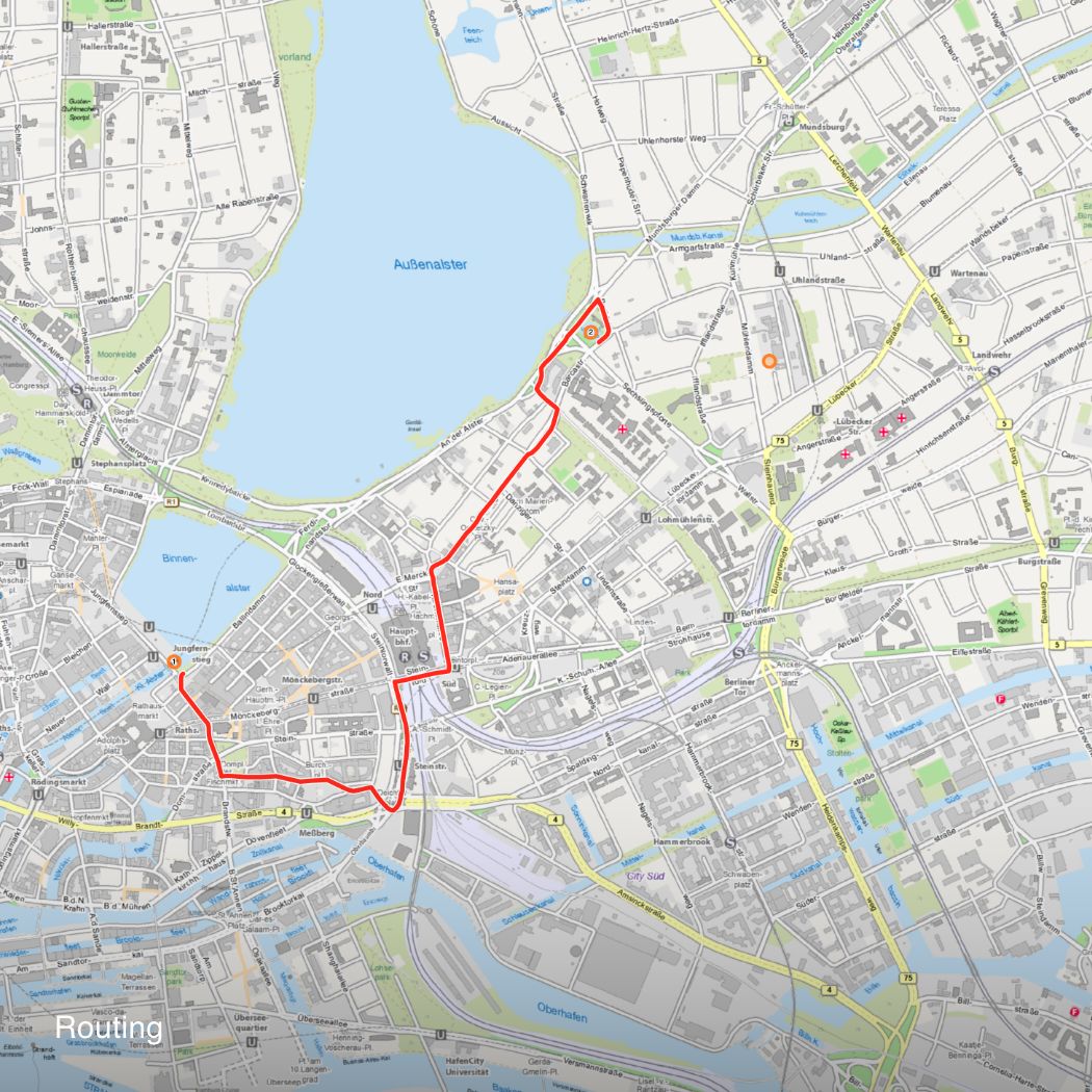 h2_data_teaser_06.jpg Eine Stadkarte von Hamburg mit einer eingezeichneten roten Route.