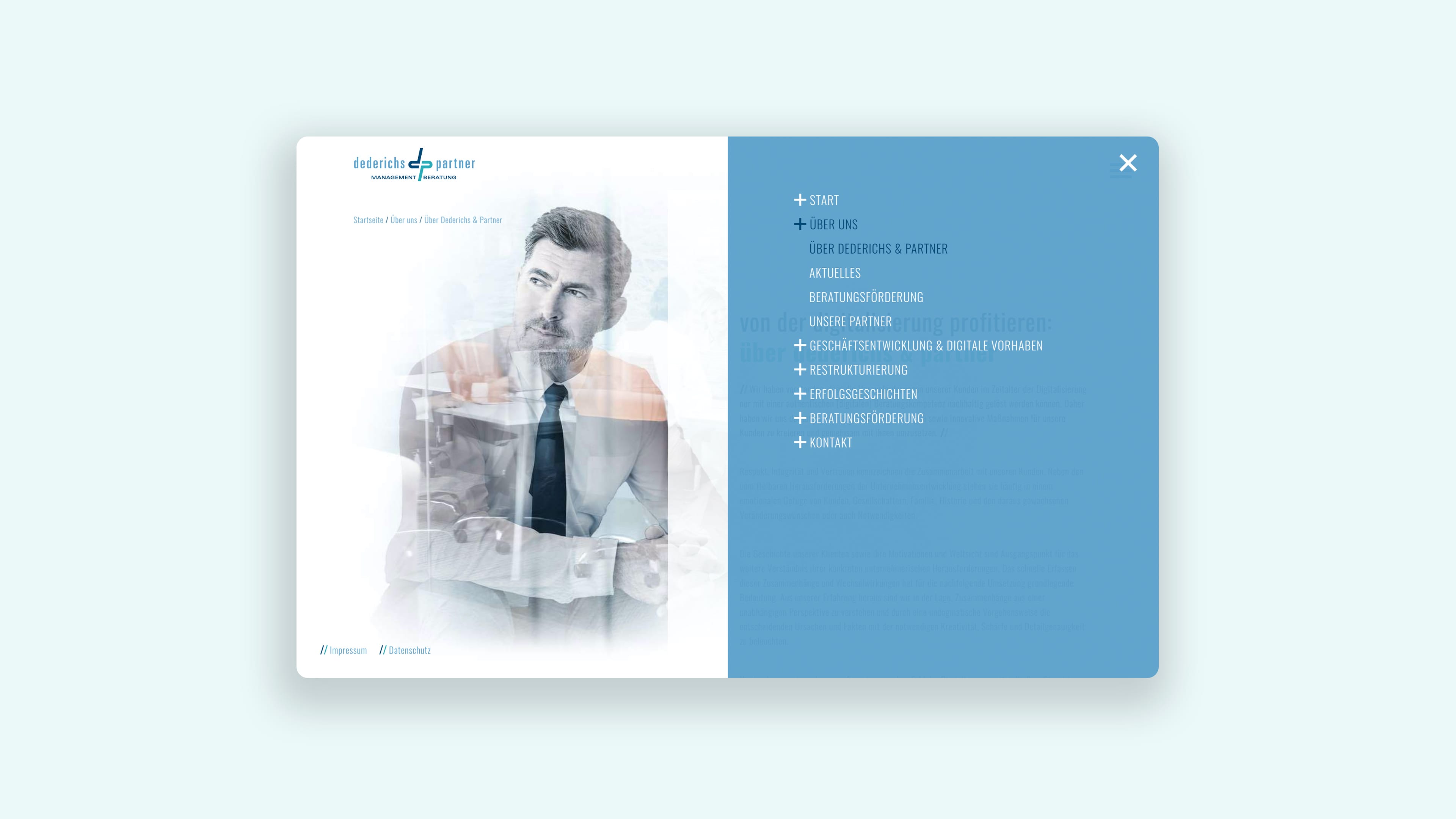 hochzwei_dede_slider_02.jpg Aufgeklapptes blaues Menü auf der Website Dederichs & Partner