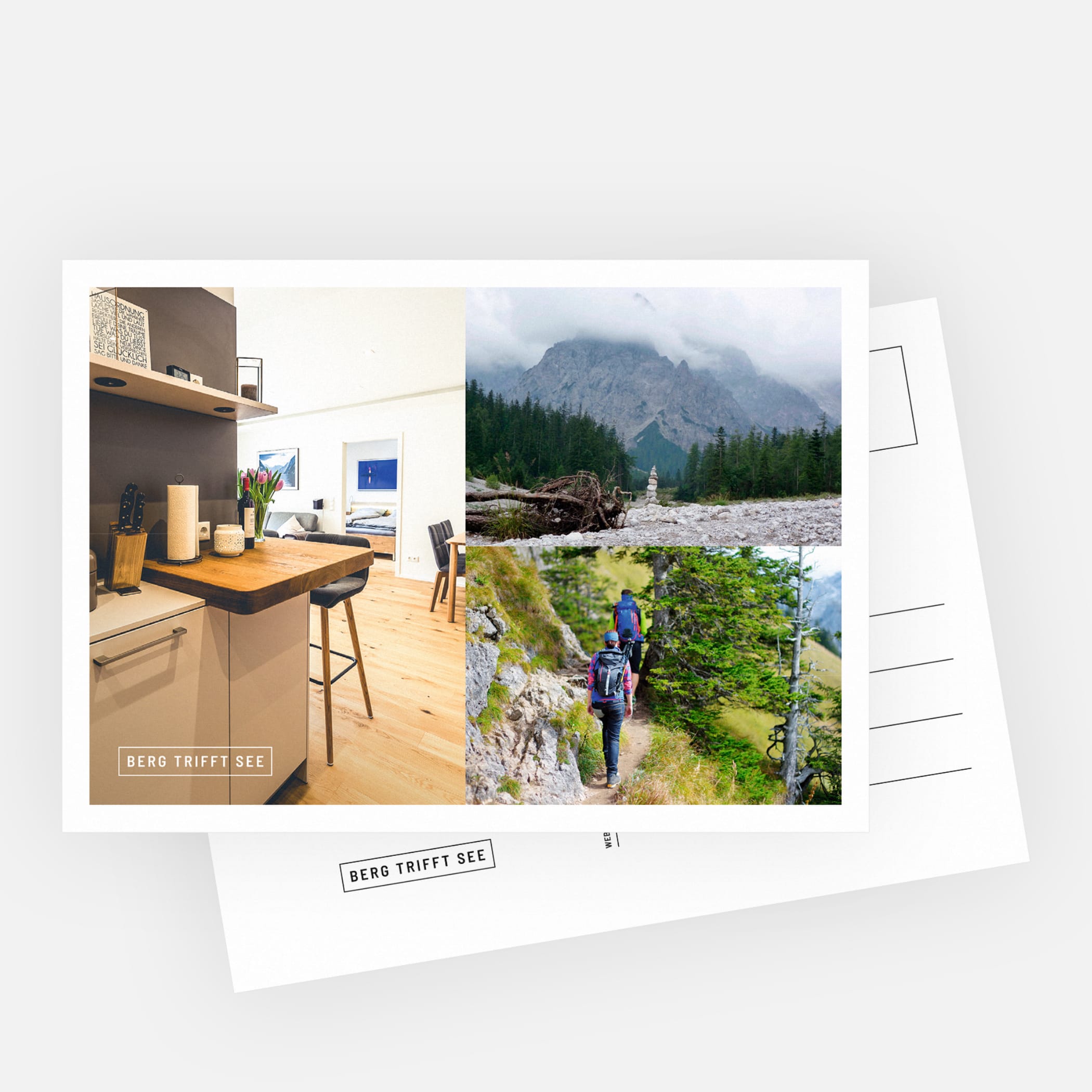 hochzwei_fwschoen_teaser_02.jpg Vorder- und Rückseite einer Postkarte mit Bergansichten und Blick in eine Ferienwohnung