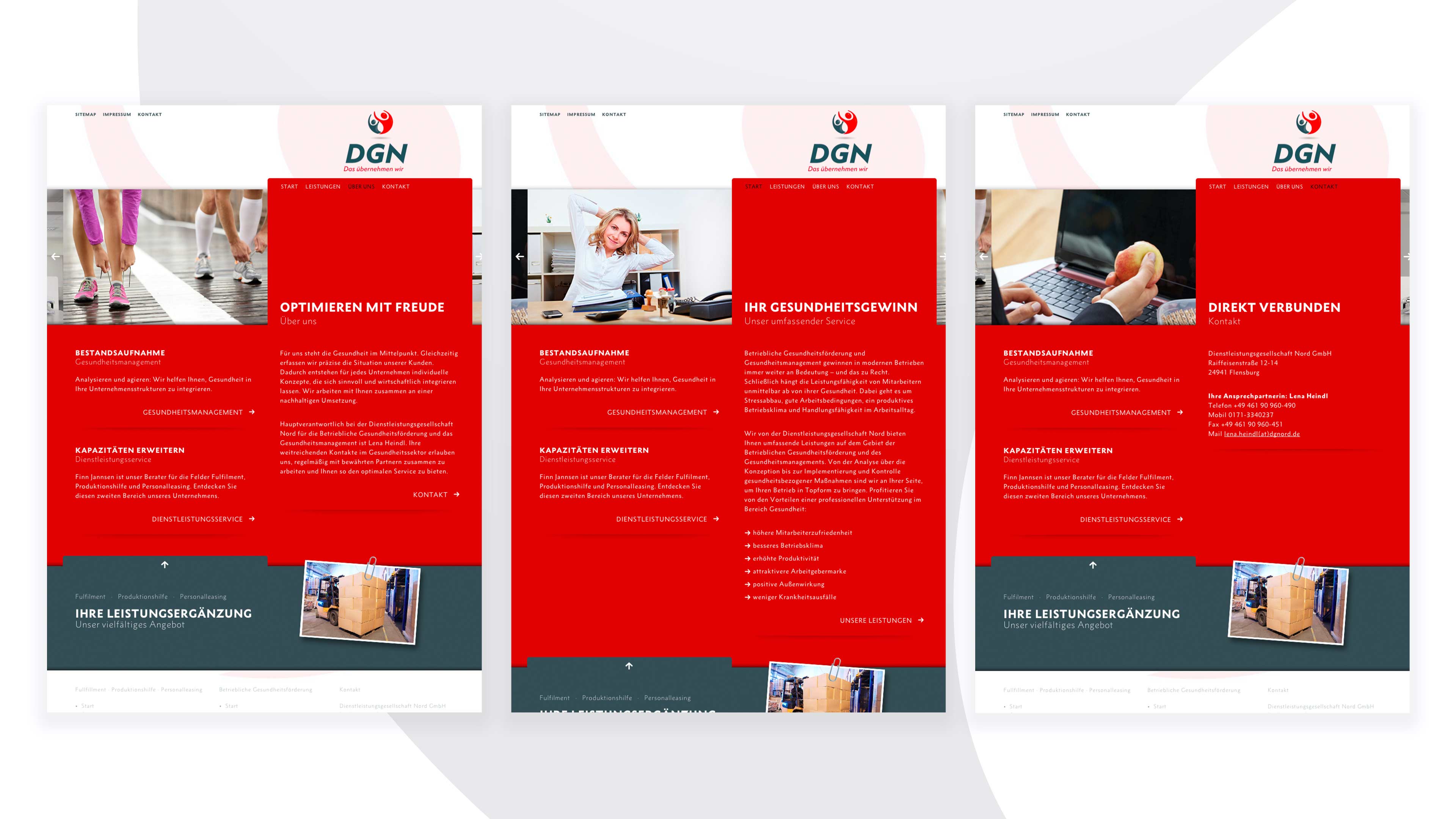 Drei Ansichten der Website für DGN in knallrot