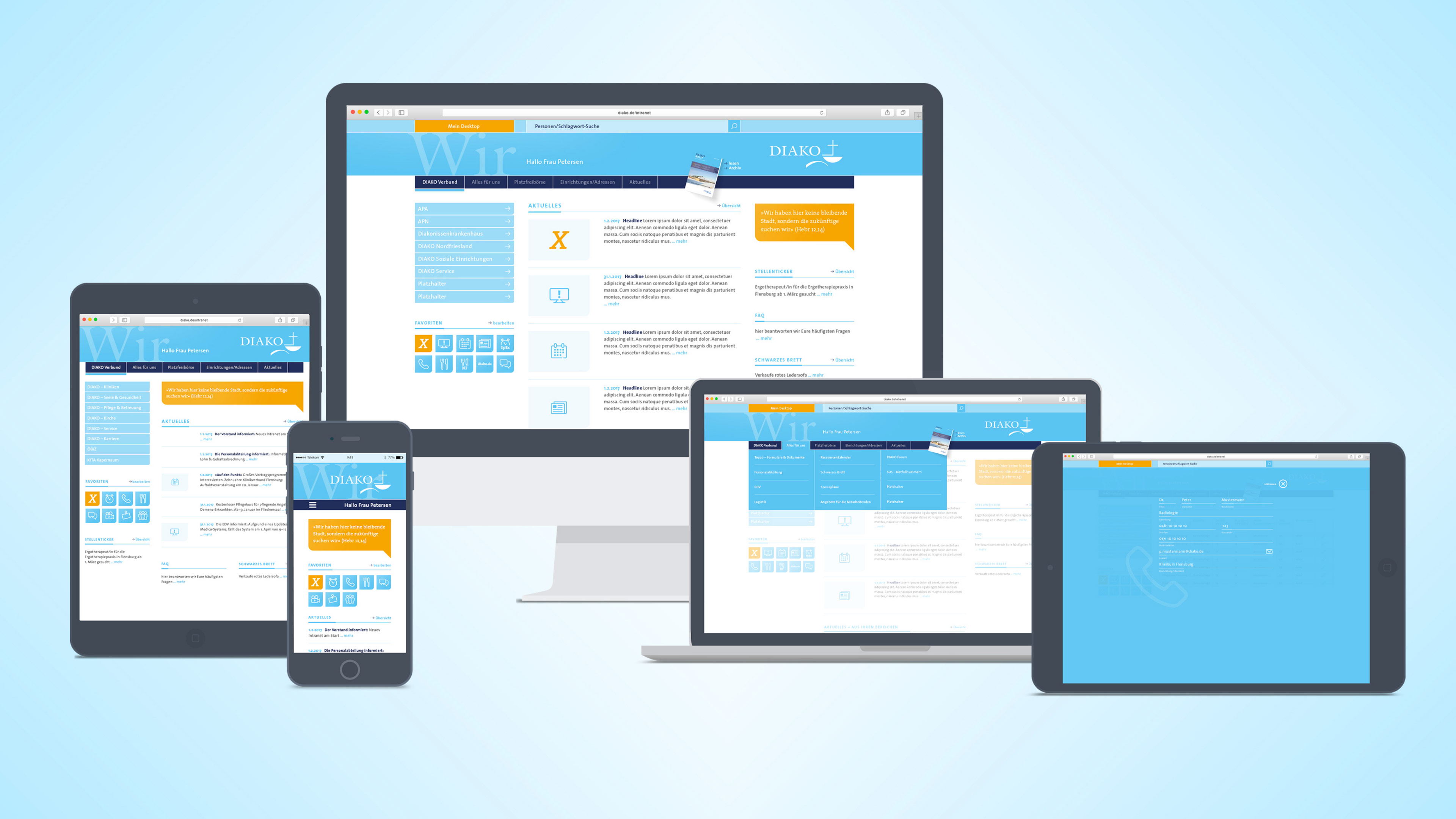 hochzwei_diako_slider_01.jpg Collage mehrerer Endgeräte, die das hellblau-weiße Intranet der Diako zeigen