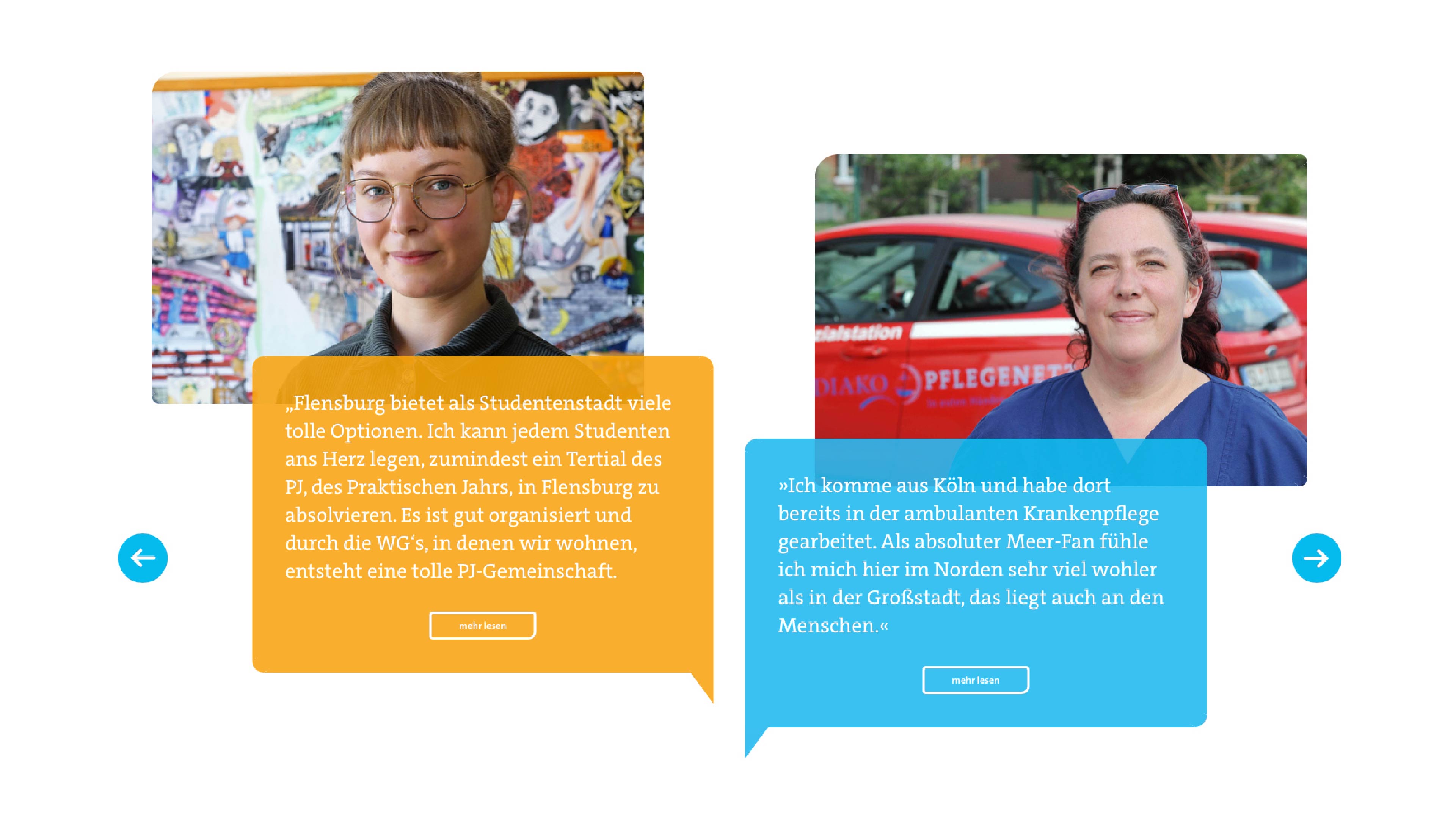 hochzwei_diako_slider_01.jpg Zwei Fotos und zwei Sprechblasen zweier Diako-Mitarbeiter, eine davon lautet: "Flensburg bietet als Studentenstadt viele tolle Optionen. Ich kann jedem Studenten ans Herz legen, zumindest ein Tertial des PJ, des Praktischen Jahrs, in Flensburg zu absolvieren. Es ist gut organisiert und durch die WG´s, in denen wir wohnen, entsteht eine tolle PJ-Gemeinschaft."