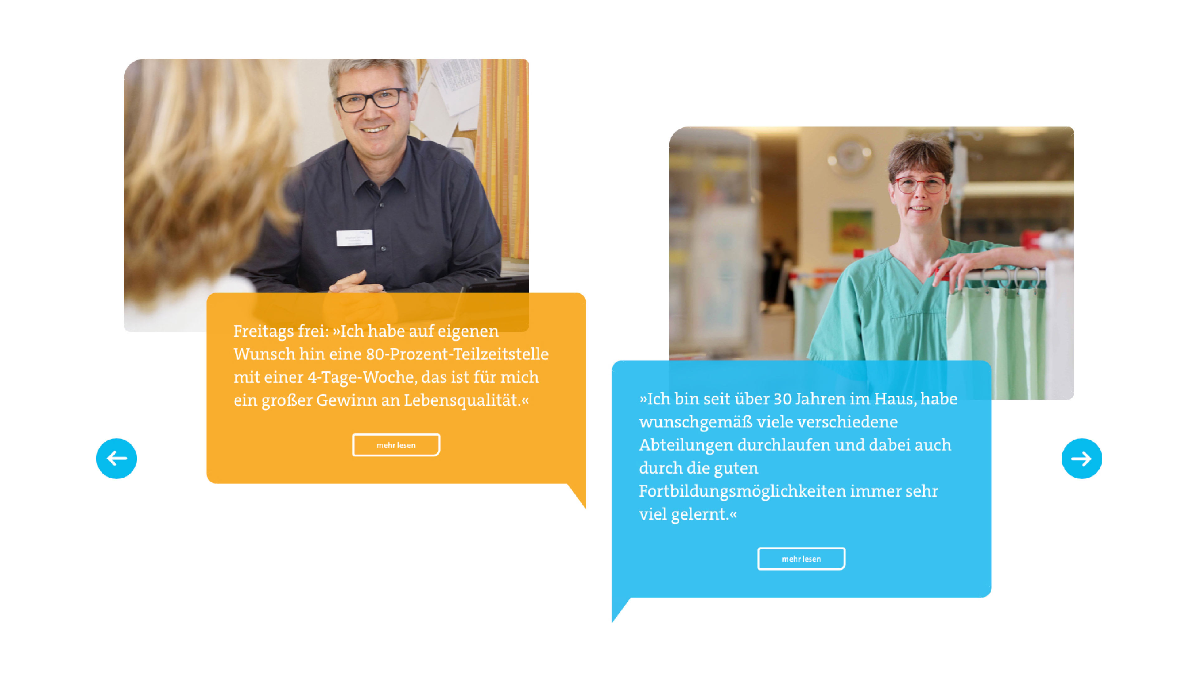 hochzwei_diako_slider_03.jpg Zwei Fotos und zwei Sprechblasen zweier Diako-Mitarbeiter: "Freitag frei: Ich habe auf eigenen Wunsch hin eine 80-Prozent-Teilzeitstelle mit einer 4-Tage-Woche, das ist für mich ein großer Gewinn an Lebensqualität"
