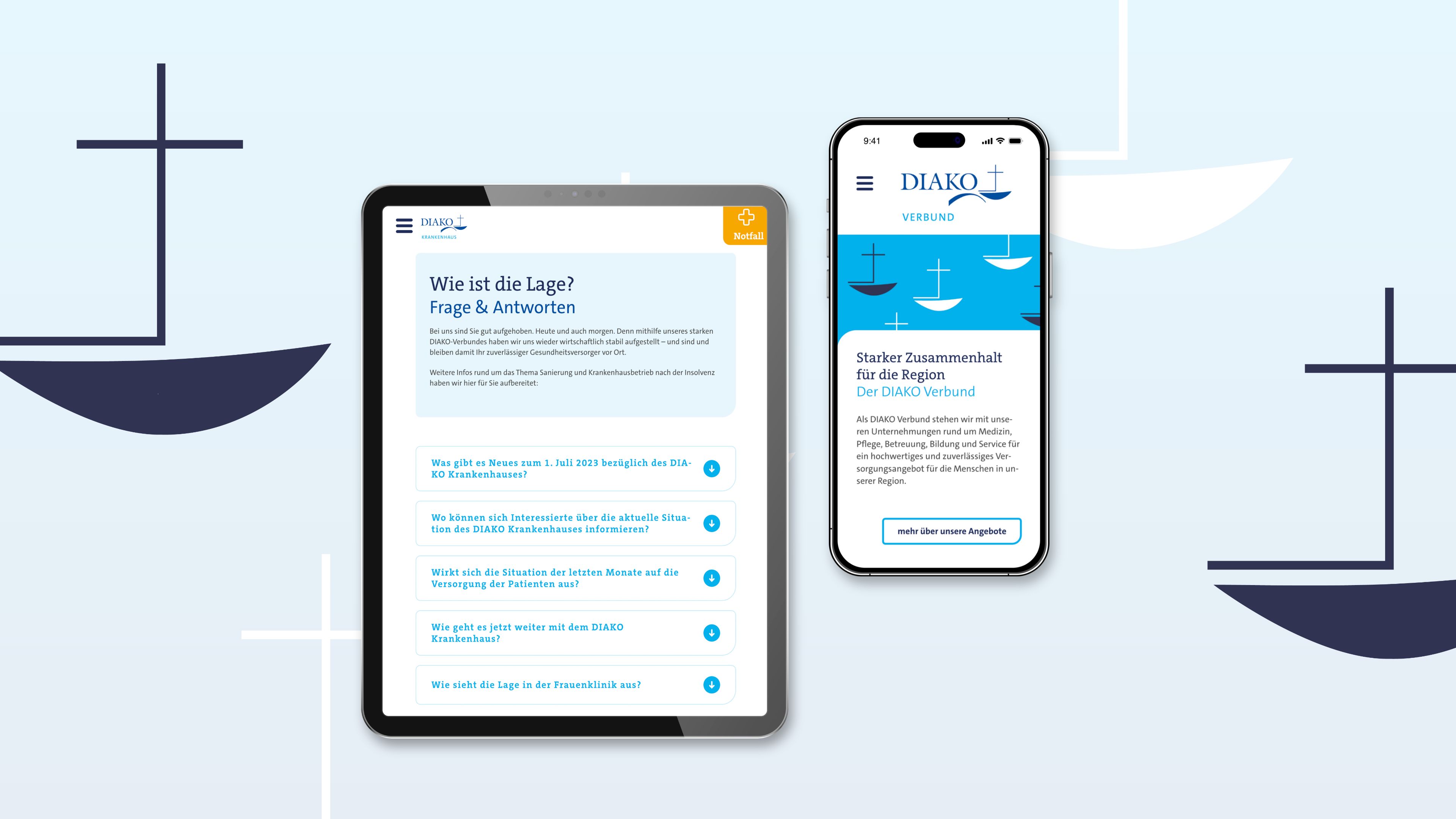 Zu sehen ist die neue Landigpage der DIAKO unter dem Motto "Das DIAKO ist wieder gesund" inklusive FAQ zum aktuellen Stand.