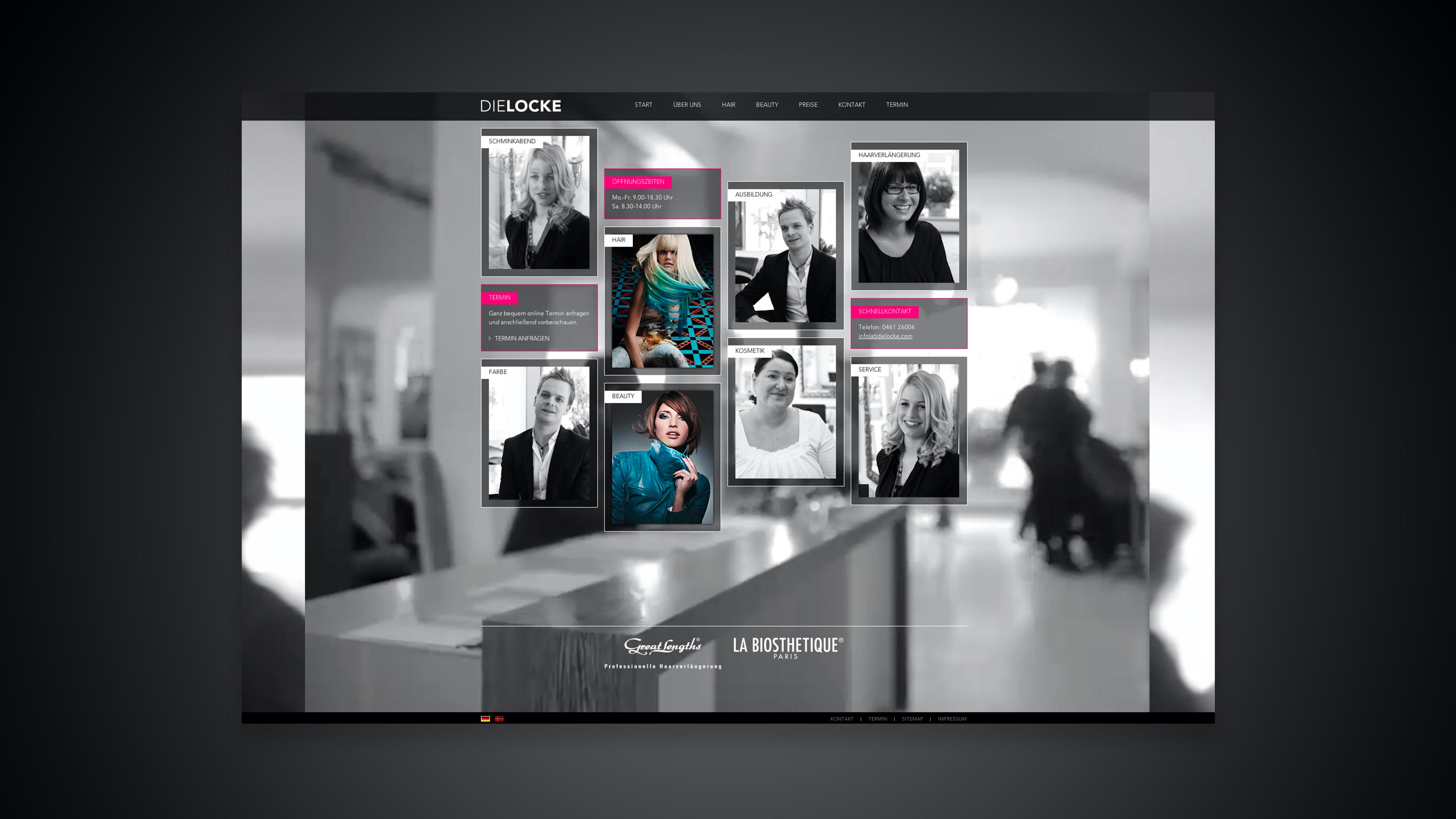Schwarze Website dielocke.com mit schwarz-weißen Fotos und pinken Elementen