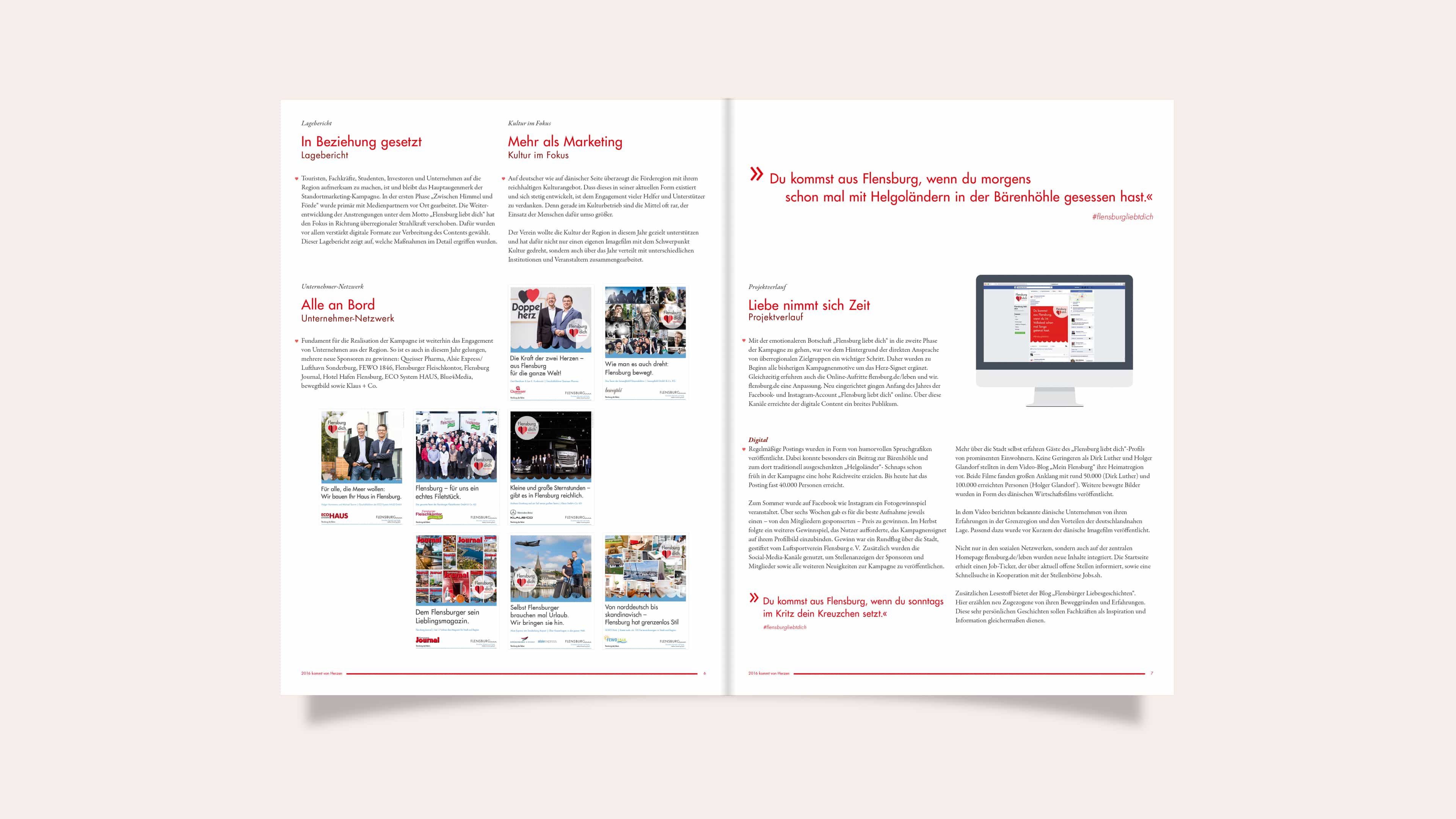 Aufgeschlagene Doppelseite im Geschäftsbericht von "Flensburg liebt dich"