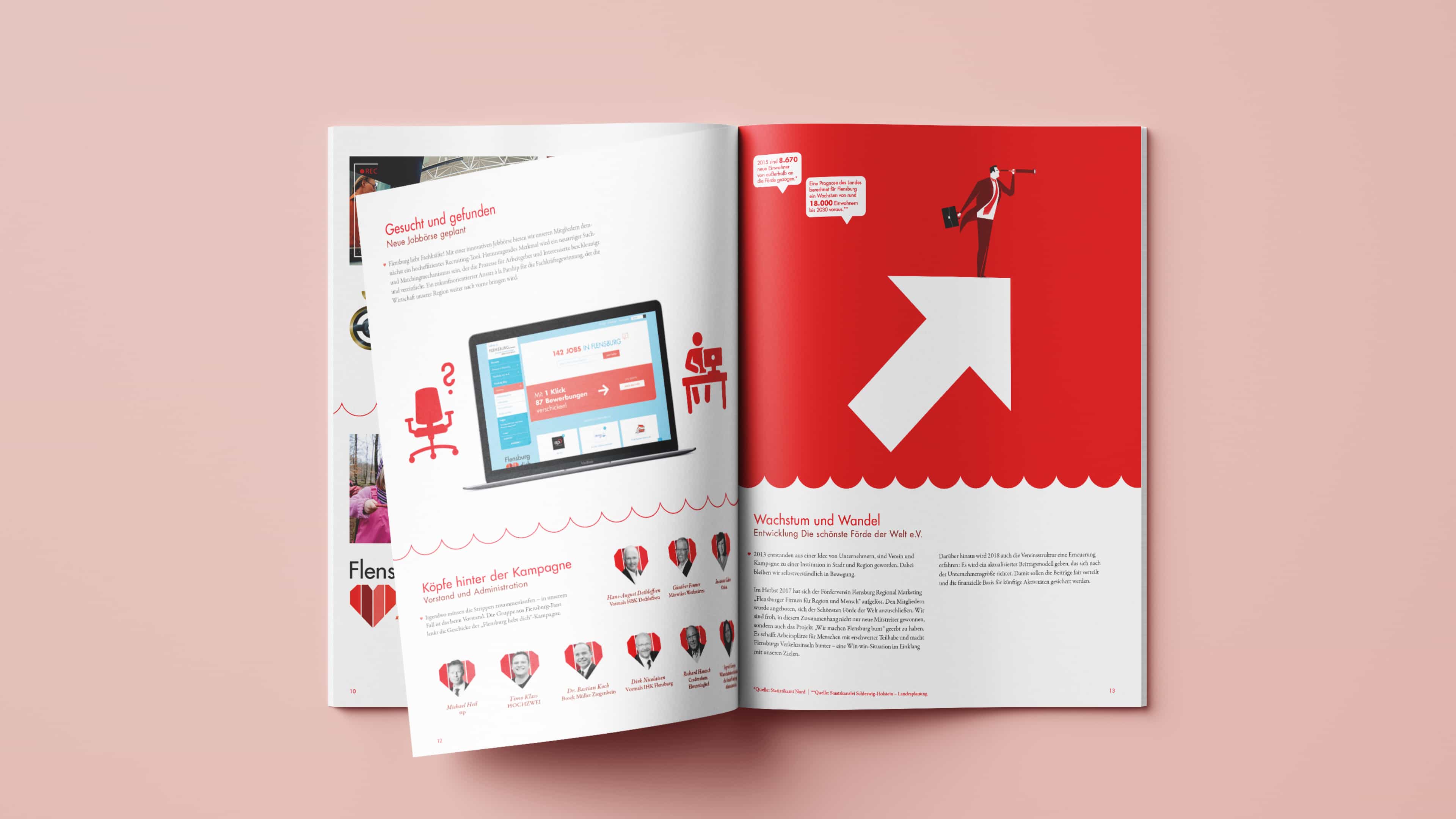 hochzwei_sfdw_slider_04.jpg Aufgeschlagene Doppelseite im rot-weißen Bericht des Vereins Die schönste Förde der Welt