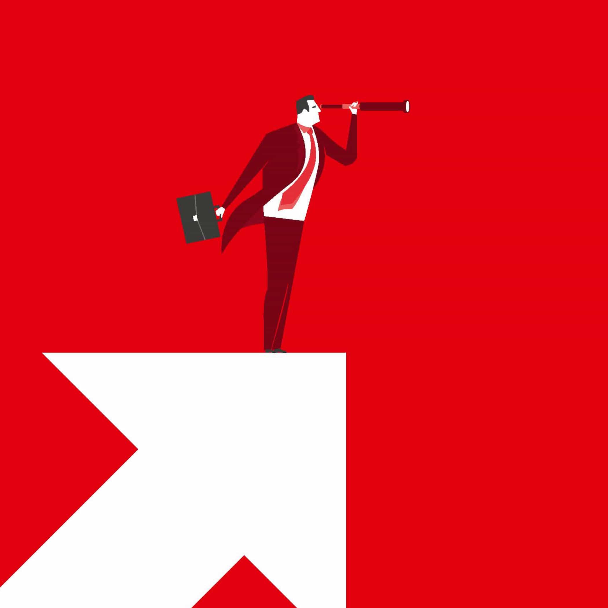 hochzwei_sfdw_teaser_03.jpg Illustration eines Mannes im Anzug, das durch ein Fernrohr schaut vor rotem Hintergrund