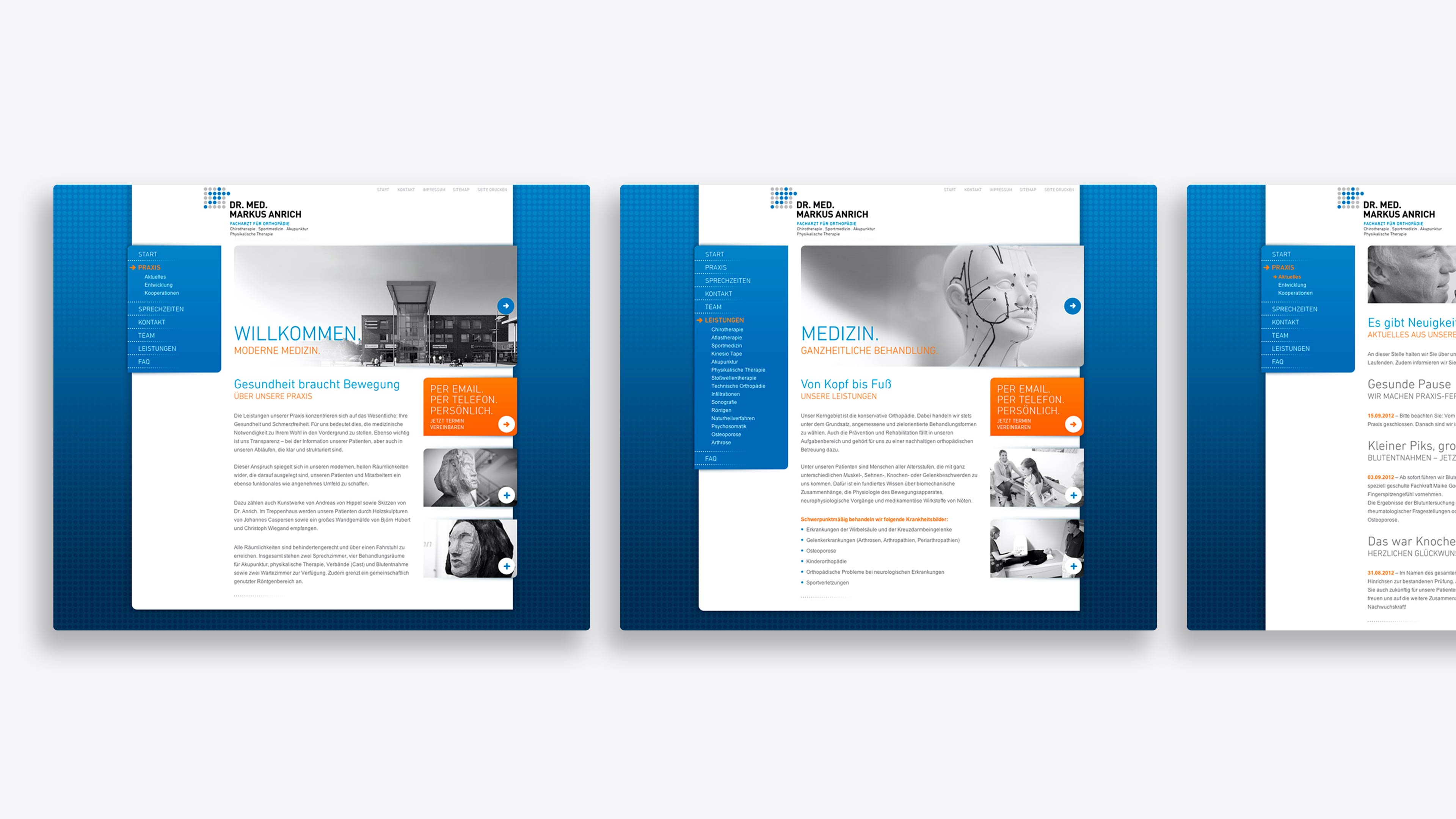 Drei Screenshots der Website von Dr. Anrich vor blauem Hintergrund
