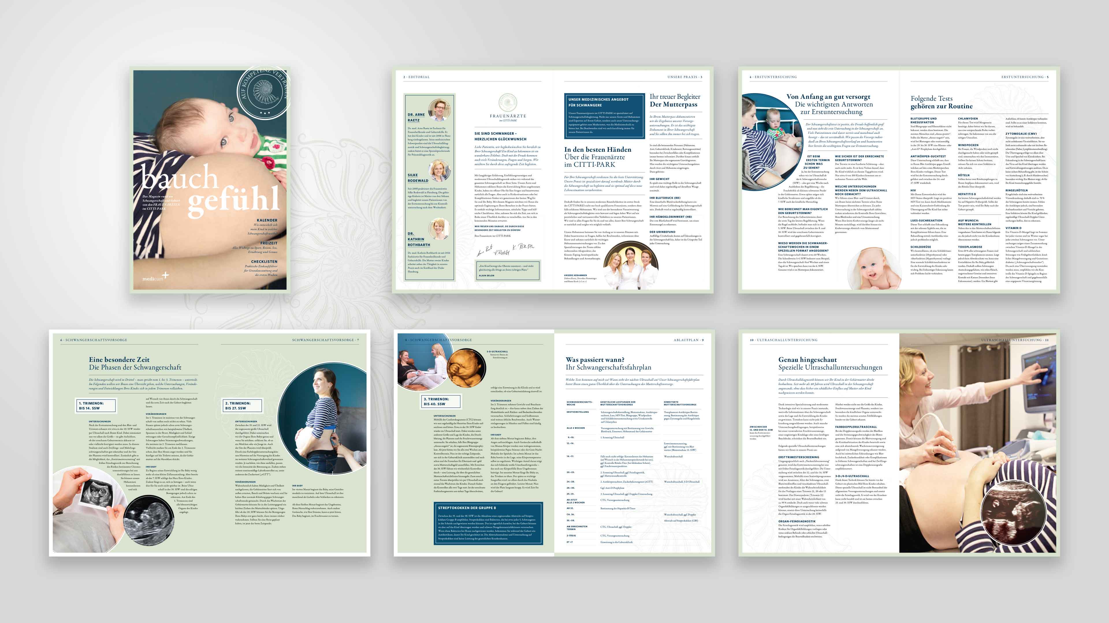 hochzwei_rae_slider_01.jpg Collage der Titelseite und mehrerer Doppelseiten des Magazin "Bauchgefühl"