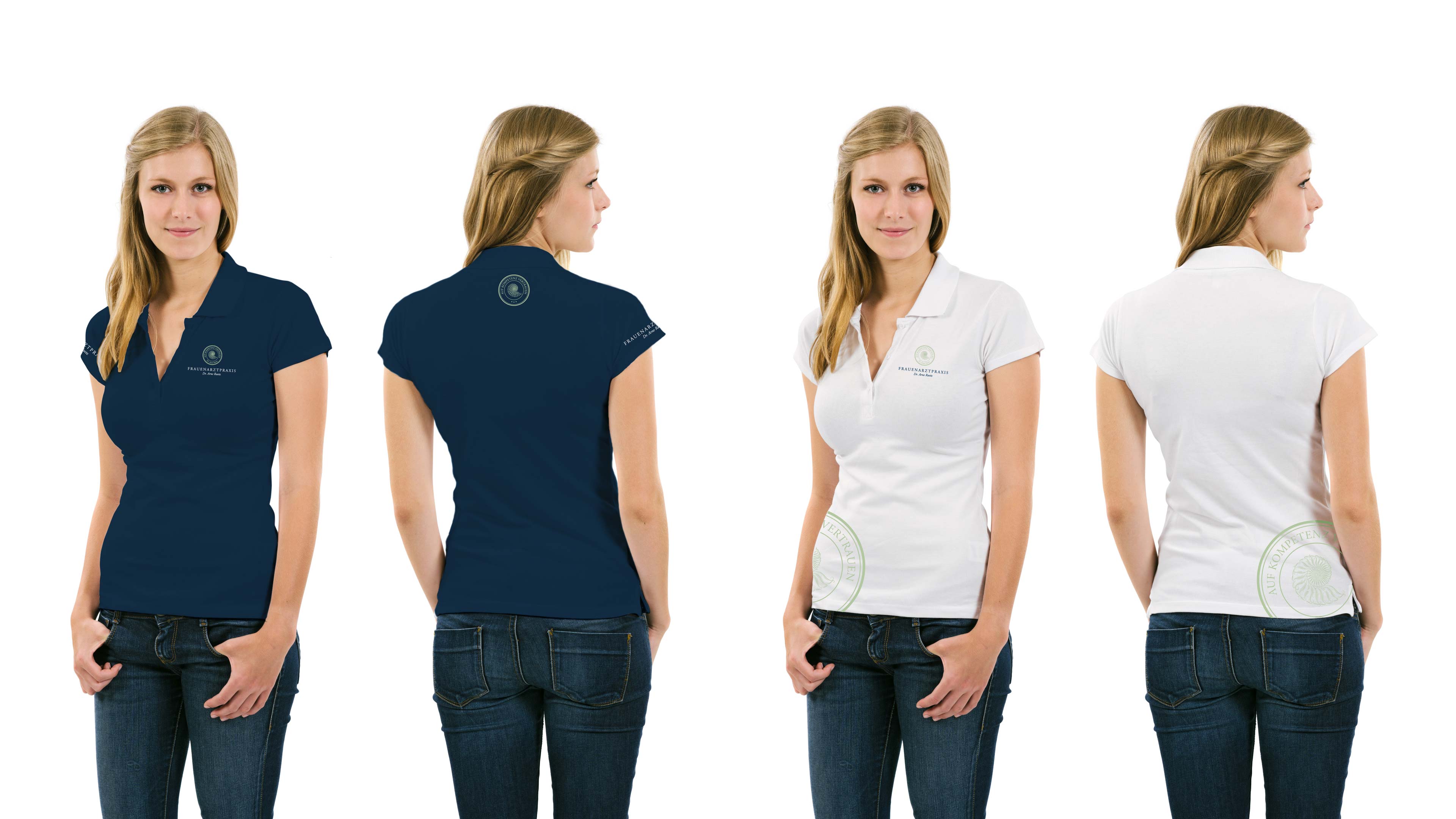 Vier Ansichten eines blauen und weißen Poloshirts mit Logo von vorne und hinten