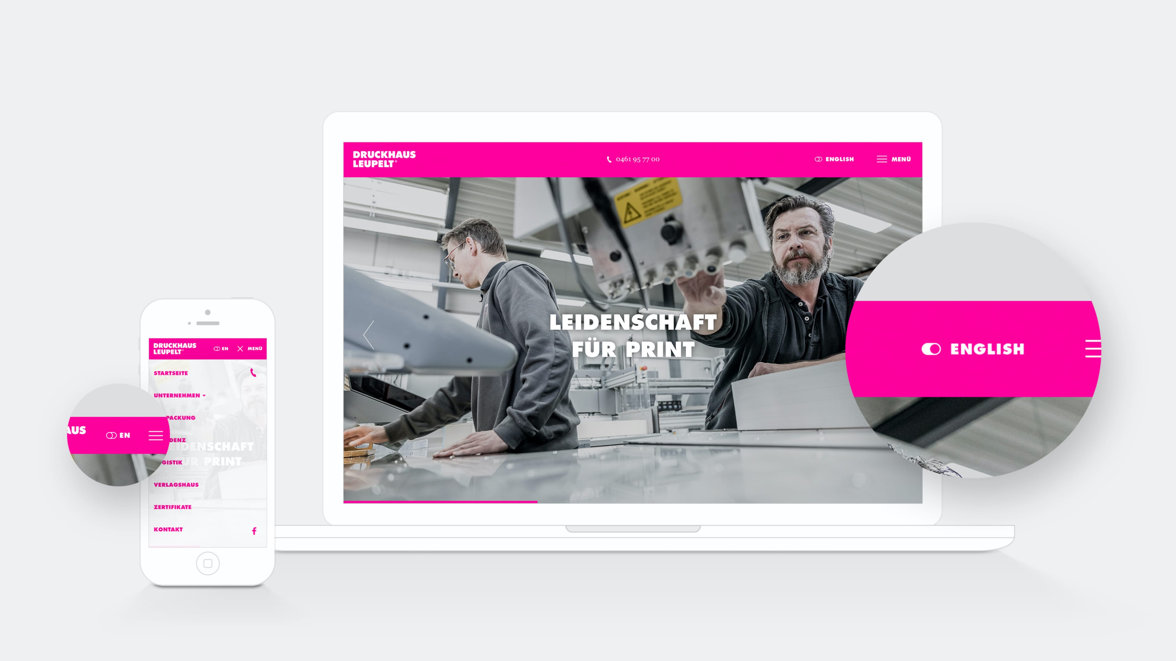 hochzwei_drle_slider_02.jpg Laptop und Smartphone zeigen pink-schwarz-weiße Website des Druckhaus Leupelt