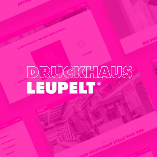 Neues Webdesign für Druckerei Weiße Blockbuchstaben "Druckhaus Leupelt" vor pink-transparentem Hintergrund